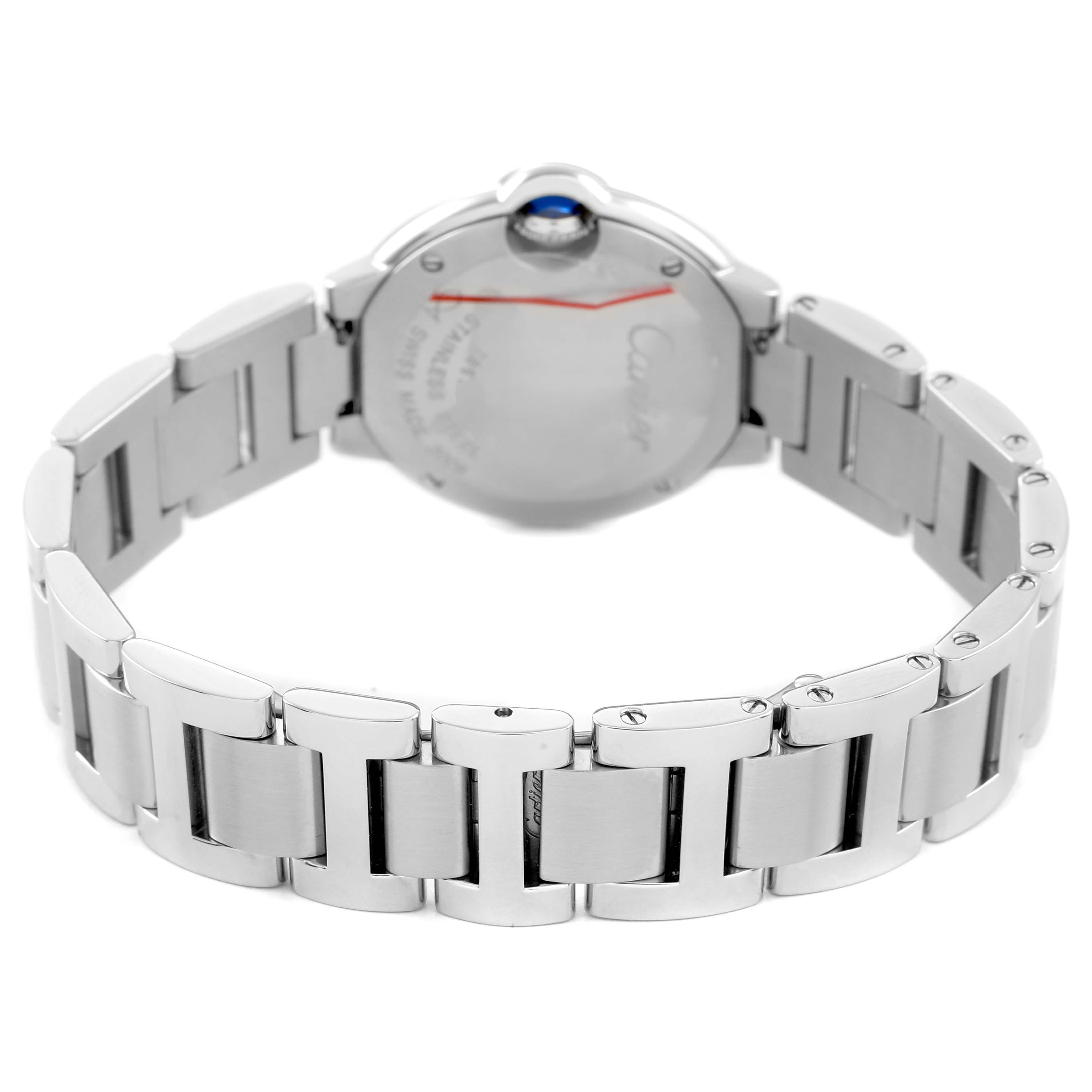 The image shows the Ballon Bleu by Cartier from a rear angle, focusing on the back case and stainless steel bracelet.
