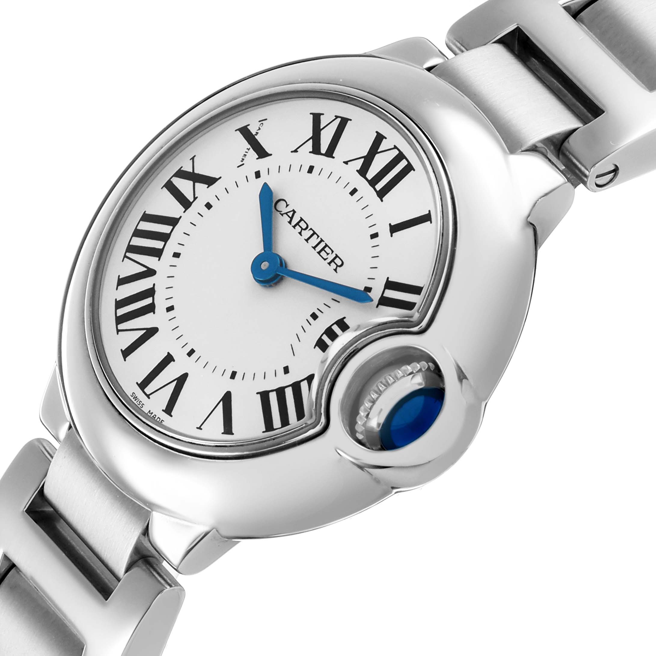 The Cartier Ballon Bleu W69010Z4 Women's Stainless Steel Black Dial watch is shown at an angled side view, highlighting the dial, blue steel hands, Roman numerals, and crown.