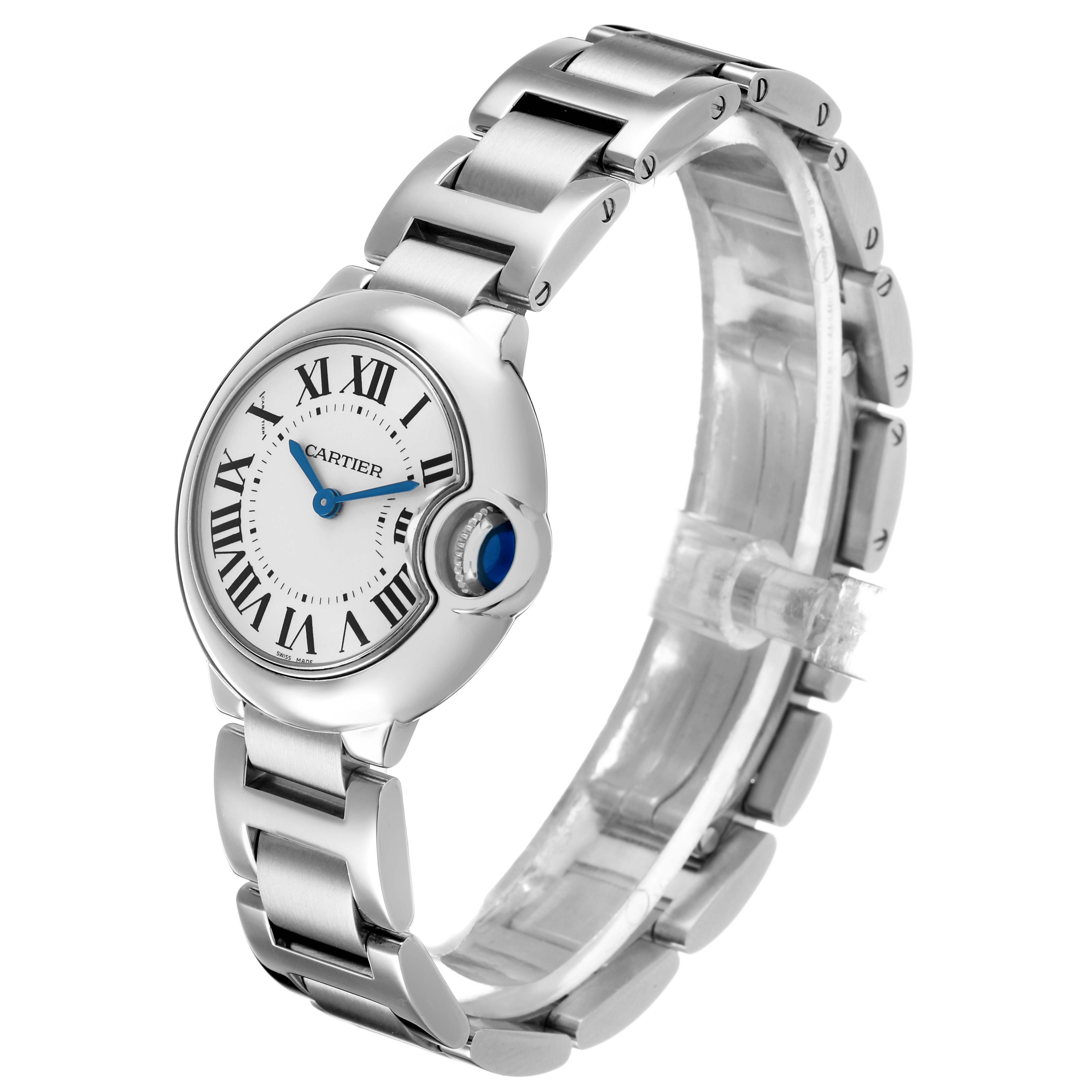 The Cartier Ballon Bleu W69010Z4 Women's Stainless Steel Black Dial watch is shown at a three-quarter angle, highlighting its round dial, Roman numerals, and metal bracelet.