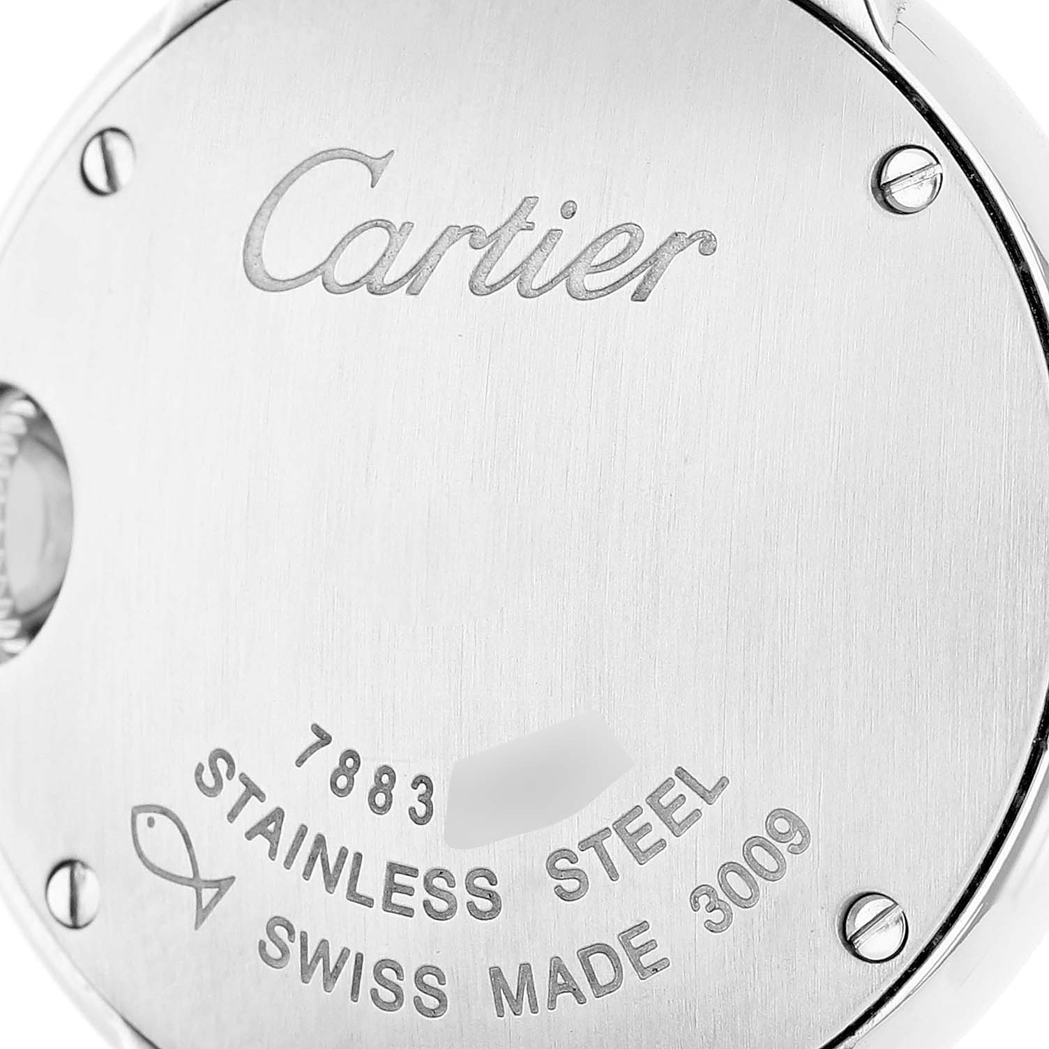 The image shows the back case of a Cartier Ballon Bleu W69010Z4 Women's Stainless Steel Black Dial watch, highlighting branding and material details.