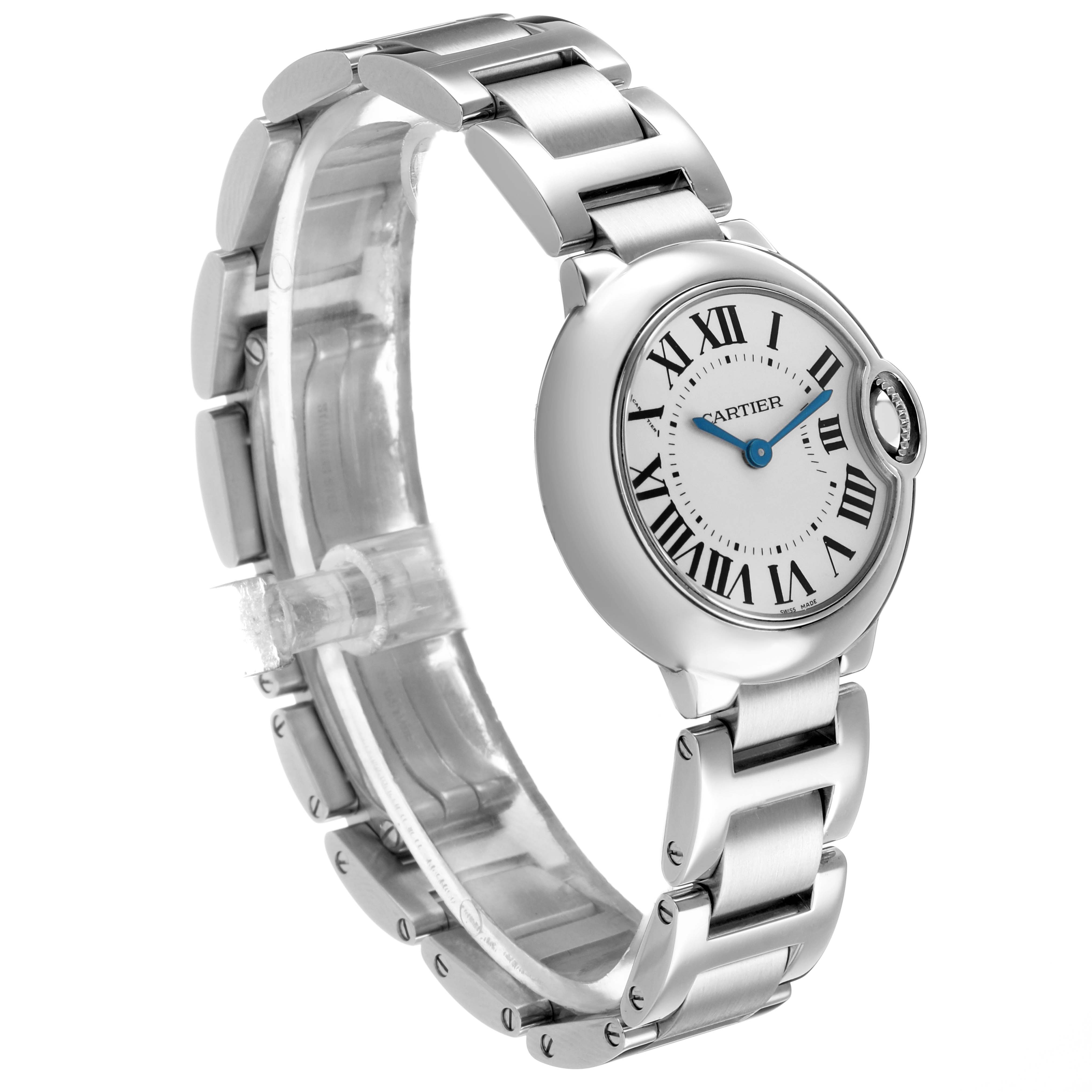 The Cartier Ballon Bleu W69010Z4 Women's Stainless Steel Black Dial watch is shown at a slight angle, displaying the face, bracelet, and crown.