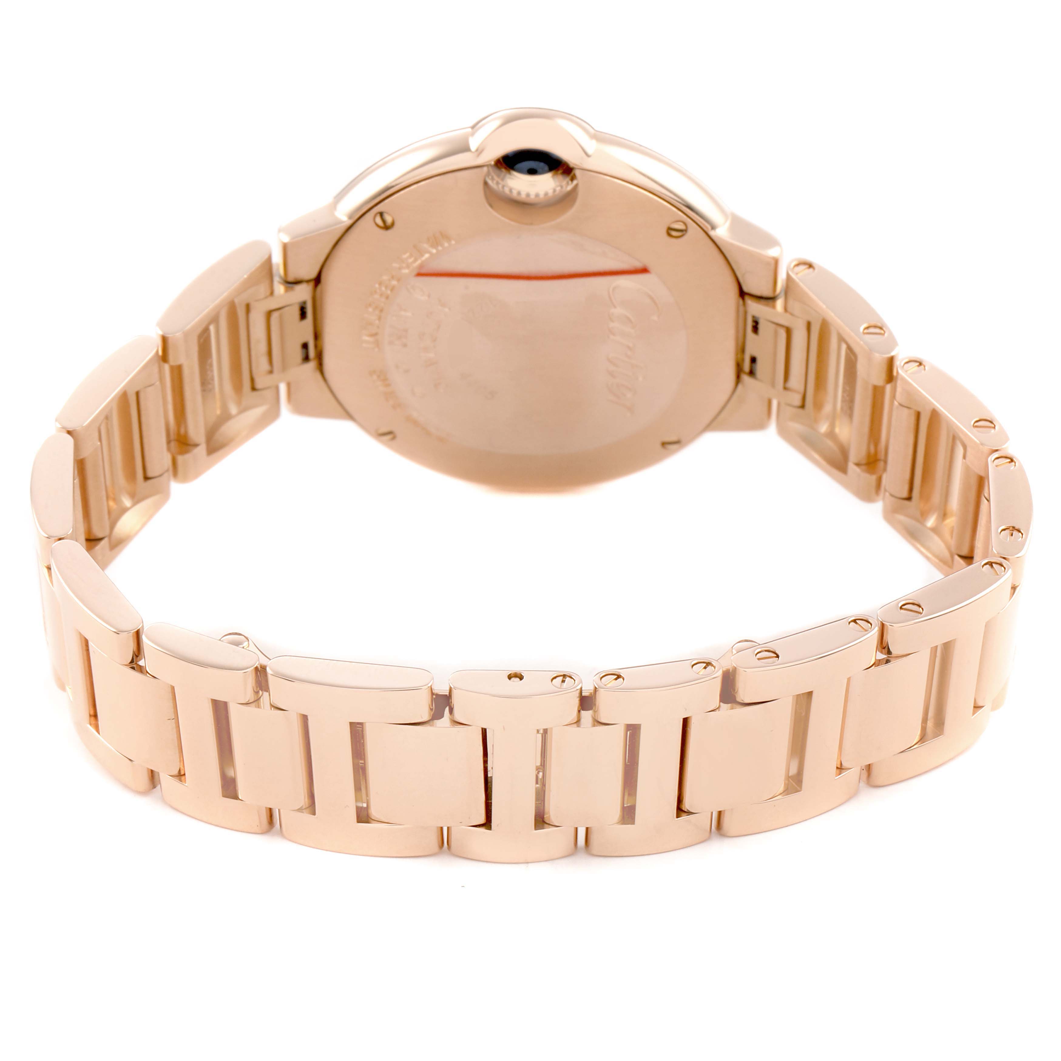 The Cartier Ballon Bleu WJBB0077 Women's Rose Gold Pink Dial watch is shown from the back, highlighting its case and bracelet.