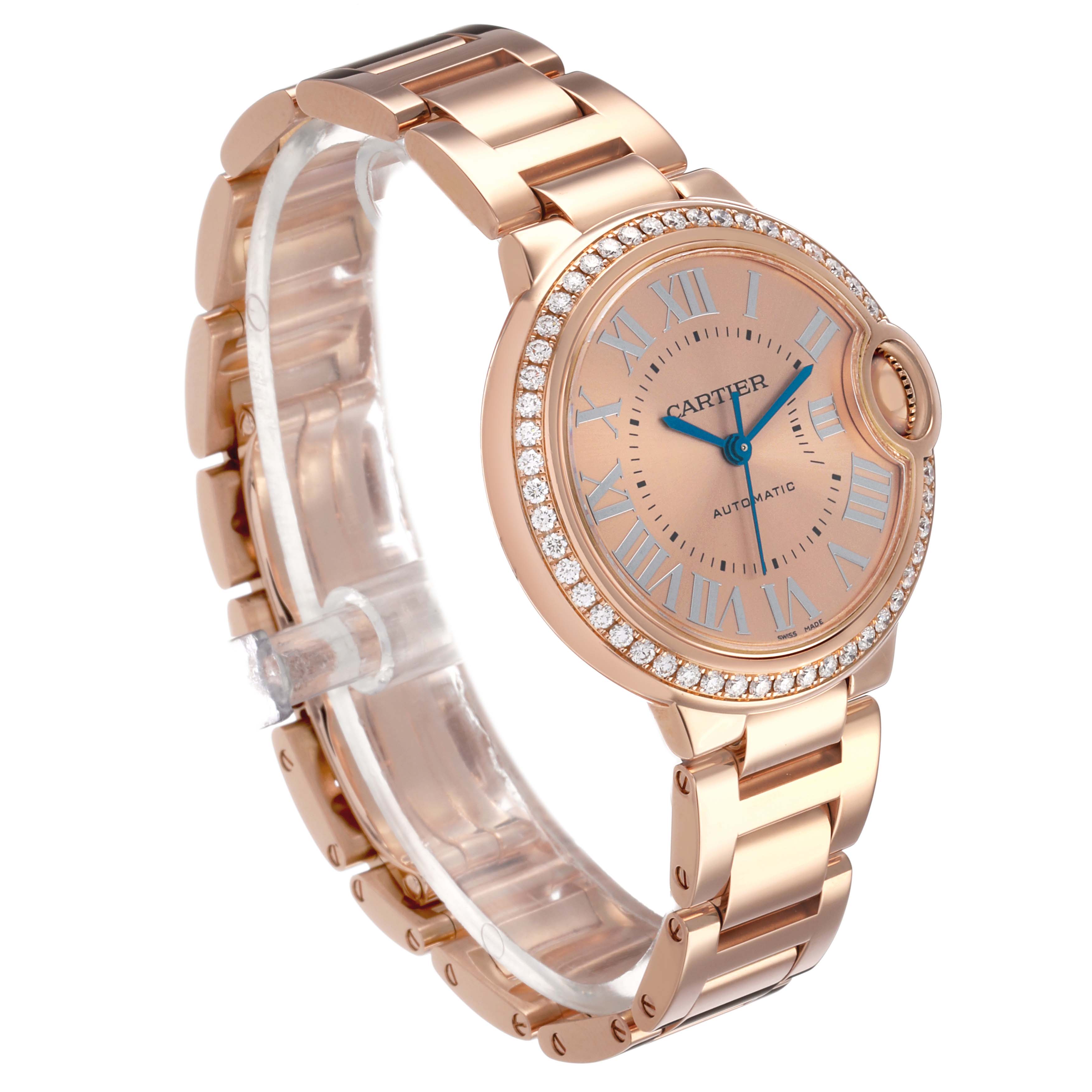 The Cartier Ballon Bleu WJBB0077 Women's Rose Gold Pink Dial watch is shown at a three-quarter angle, displaying its rose gold bracelet, diamond bezel, and blue hands.