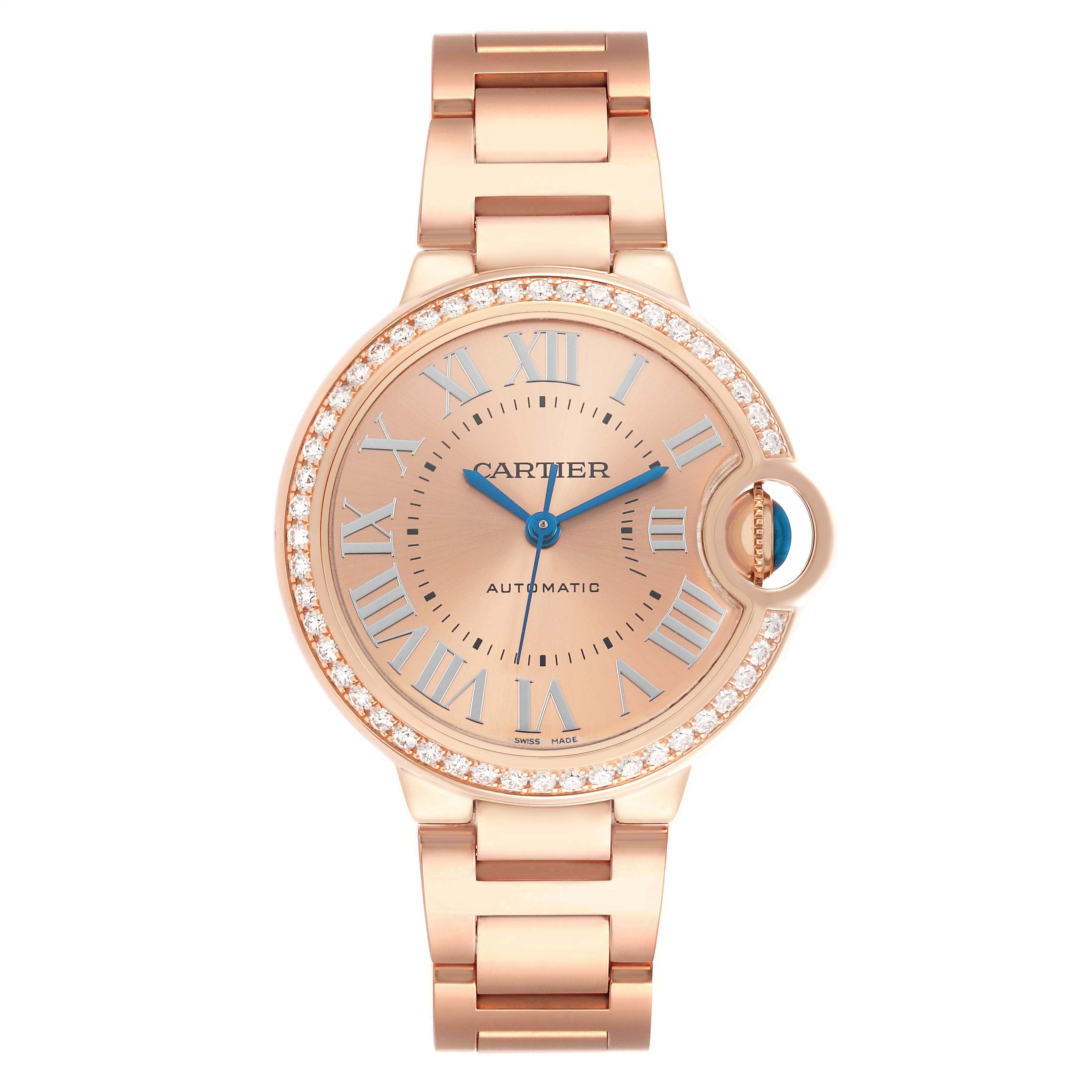 The Cartier Ballon Bleu WJBB0077 Women's Rose Gold Pink Dial watch is shown from a top-down angle, highlighting its face, bezel, and bracelet.