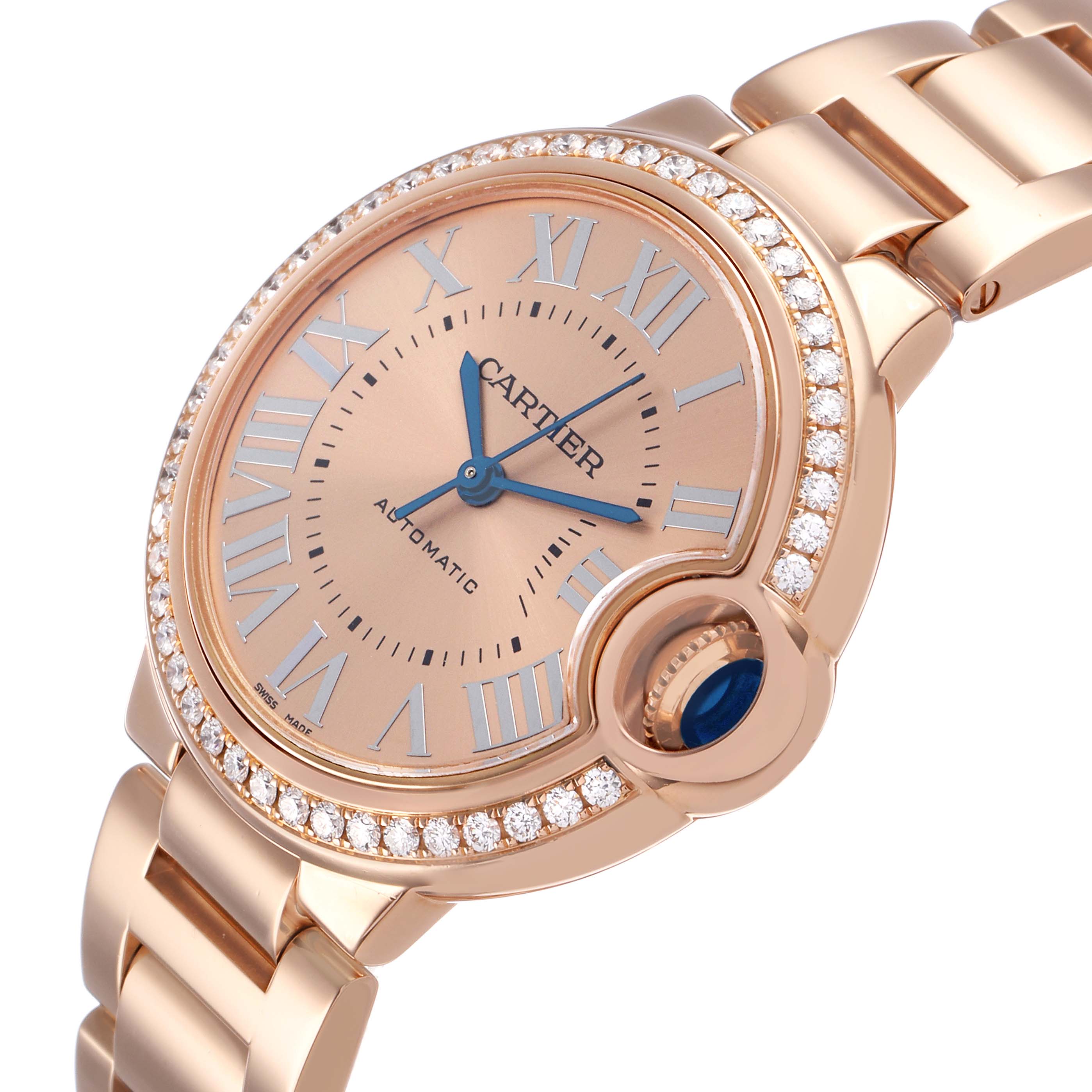 The Cartier Ballon Bleu WJBB0077 Women's Rose Gold Pink Dial watch is shown at an angled view, highlighting the dial, Roman numerals, diamond bezel, and rose gold bracelet.