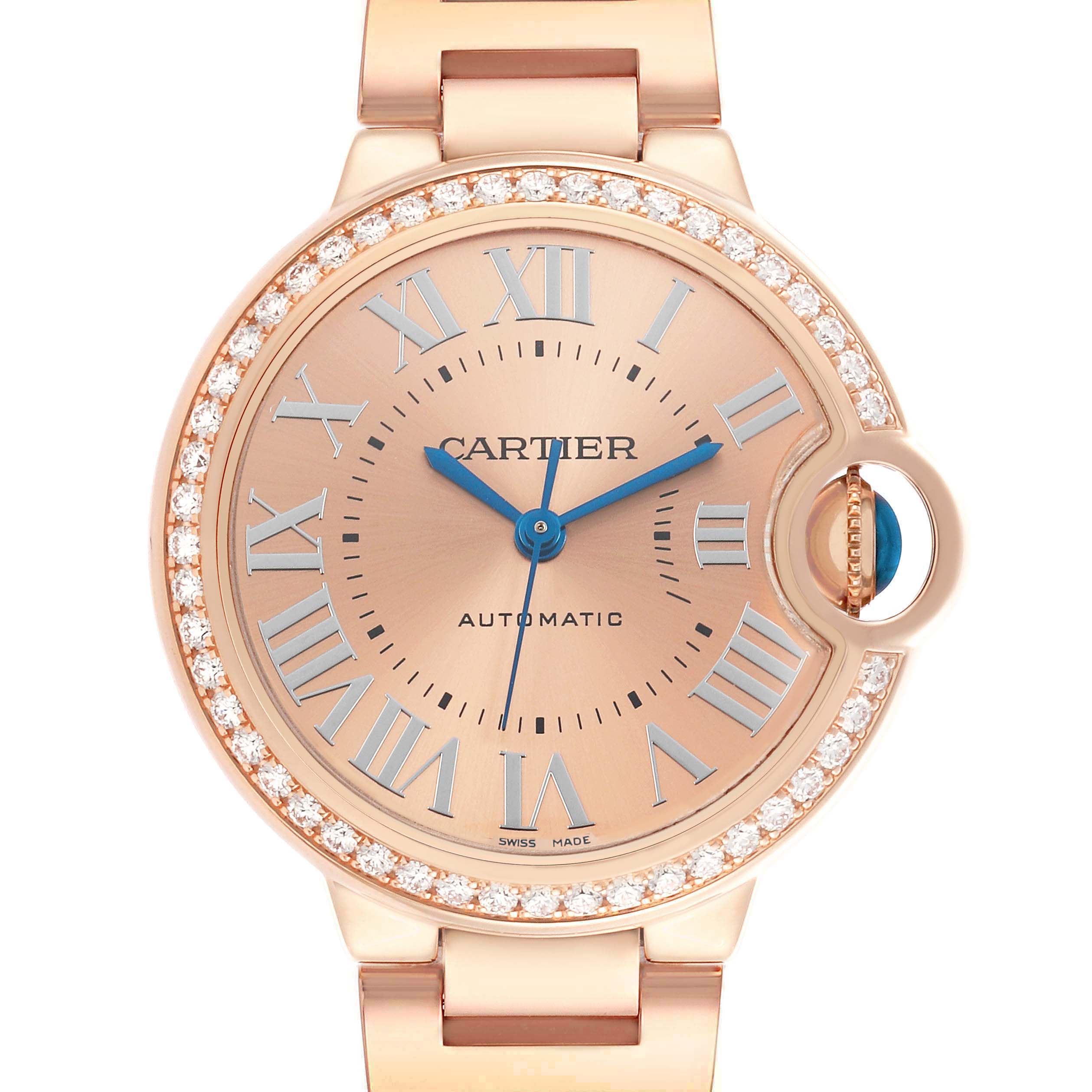 The Cartier Ballon Bleu WJBB0077 Women's Rose Gold Pink Dial watch is shown from the front, highlighting its dial, blue hands, diamond bezel, and crown.