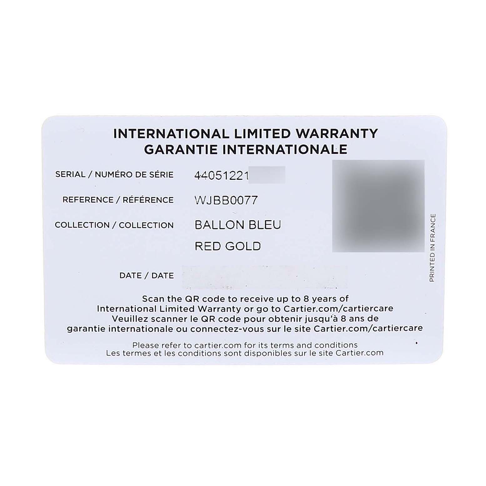 The image shows an International Limited Warranty card for the Ballon Bleu model by Cartier, detailing serial and reference numbers.