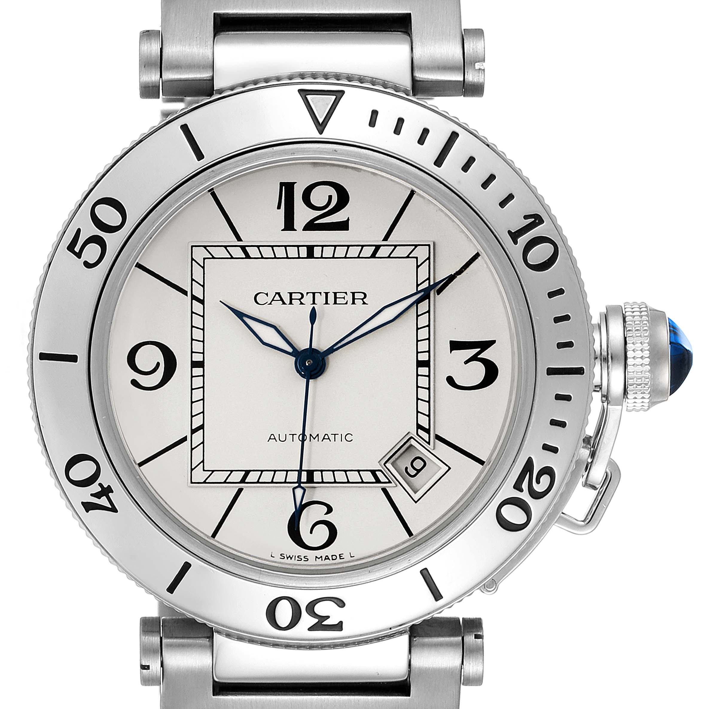 The image shows a Cartier Pasha W31080M7 Men
s Stainless Steel Silver Dial W31080M7 Men
s Stainless Steel Silver Dial watch front view, highlighting its face, hands, crown with a blue gem, and part of the bracelet attachment.