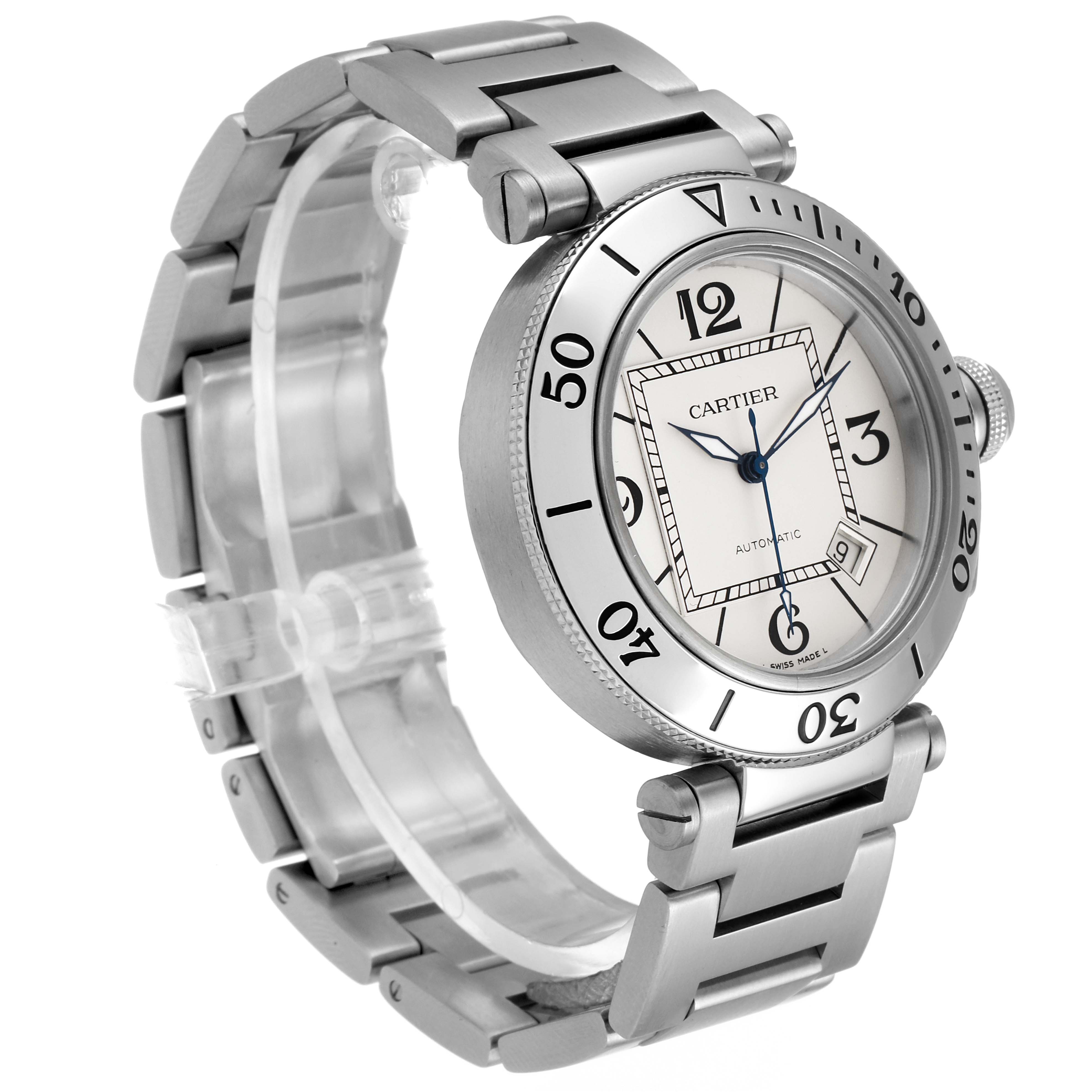 The Cartier Pasha W31080M7 Men
s Stainless Steel Silver Dial W31080M7 Men
s Stainless Steel Silver Dial watch is shown at a three-quarter angle, displaying its dial, bezel, and metal bracelet.