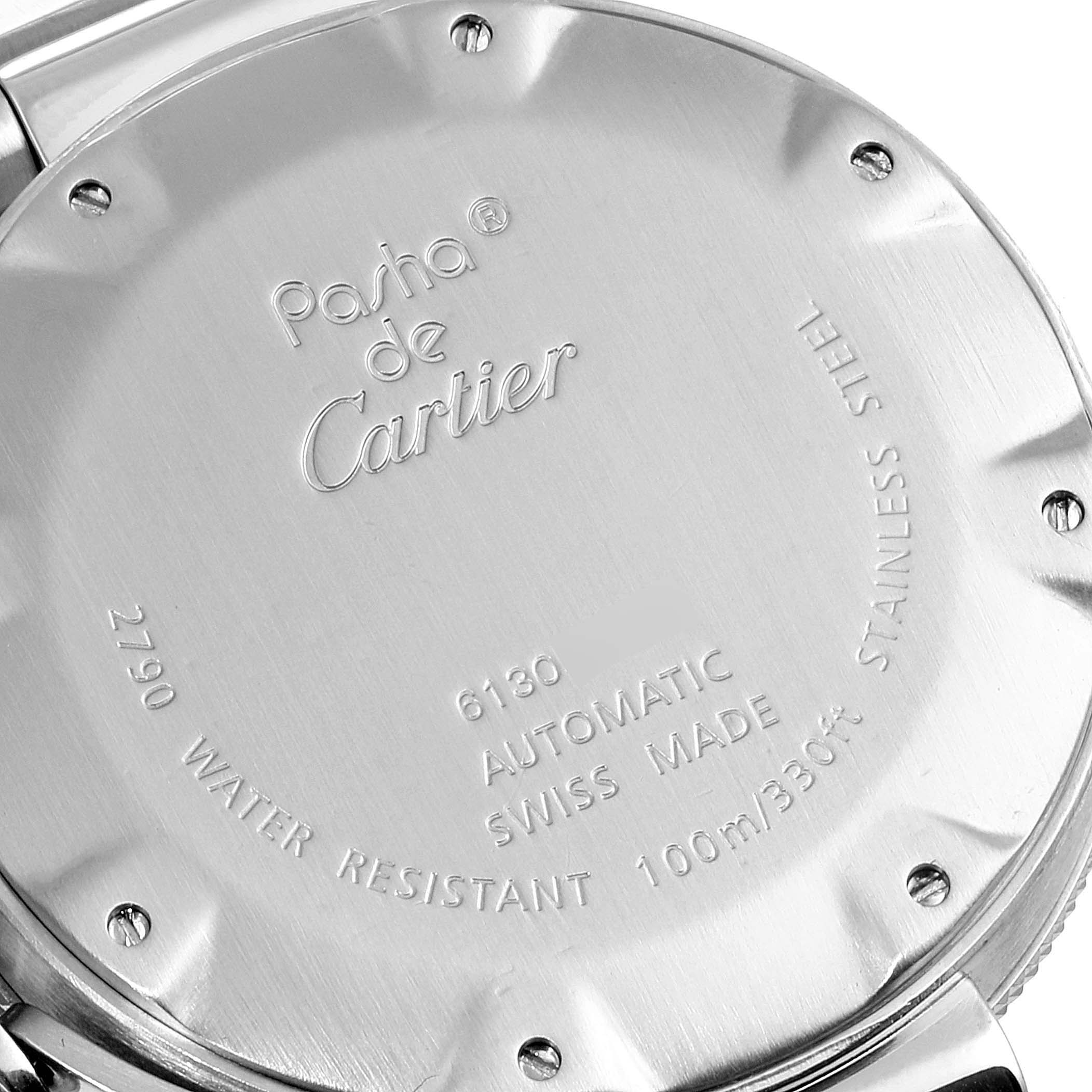 The image displays the back case of a Cartier Pasha W31080M7 Men
s Stainless Steel Silver Dial W31080M7 Men
s Stainless Steel Silver Dial watch at a close-up angle, showing engraved specifications.
