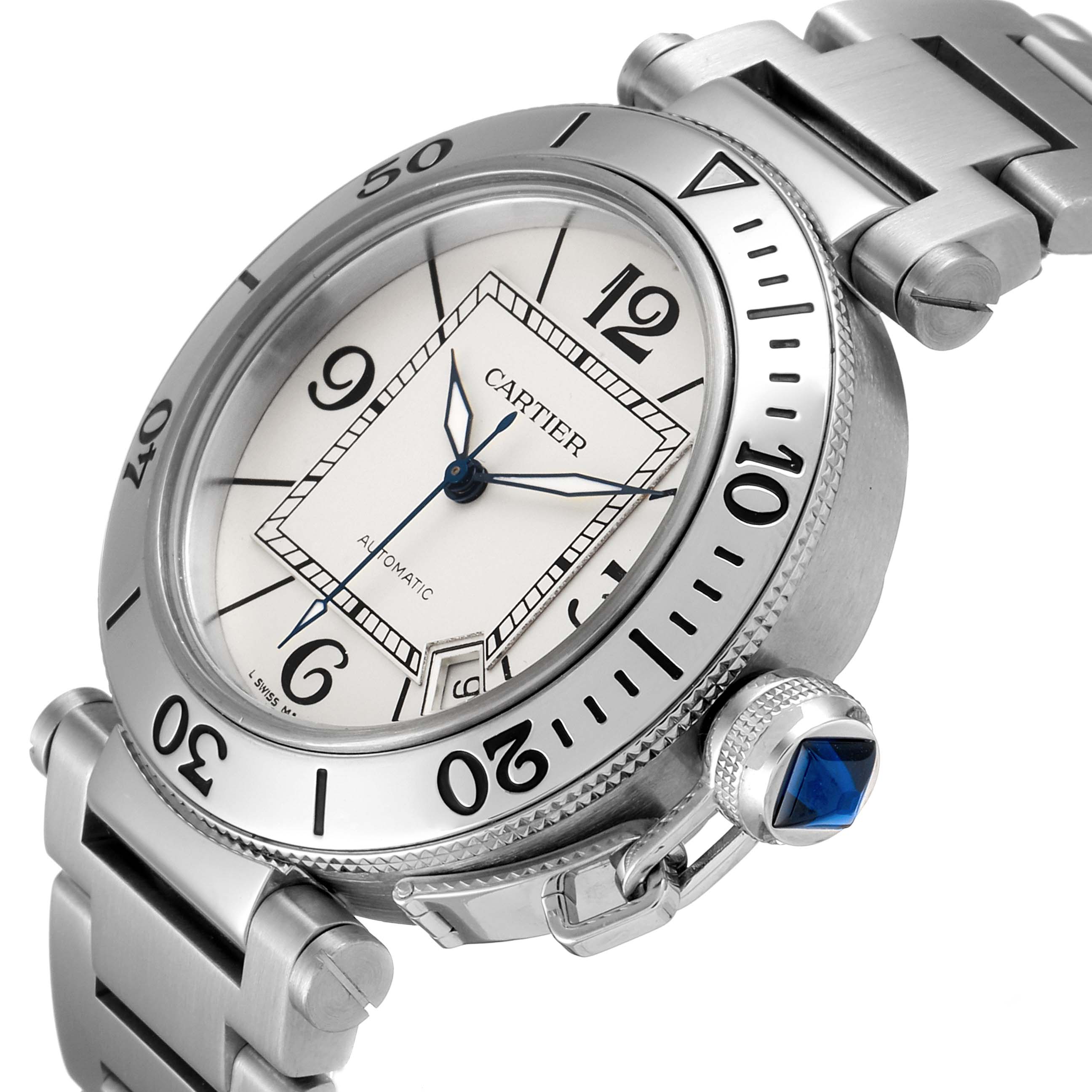 The image shows a close-up side angle of the Cartier Pasha W31080M7 Men
s Stainless Steel Silver Dial W31080M7 Men
s Stainless Steel Silver Dial watch, highlighting its face, bezel, crown, and part of the bracelet.