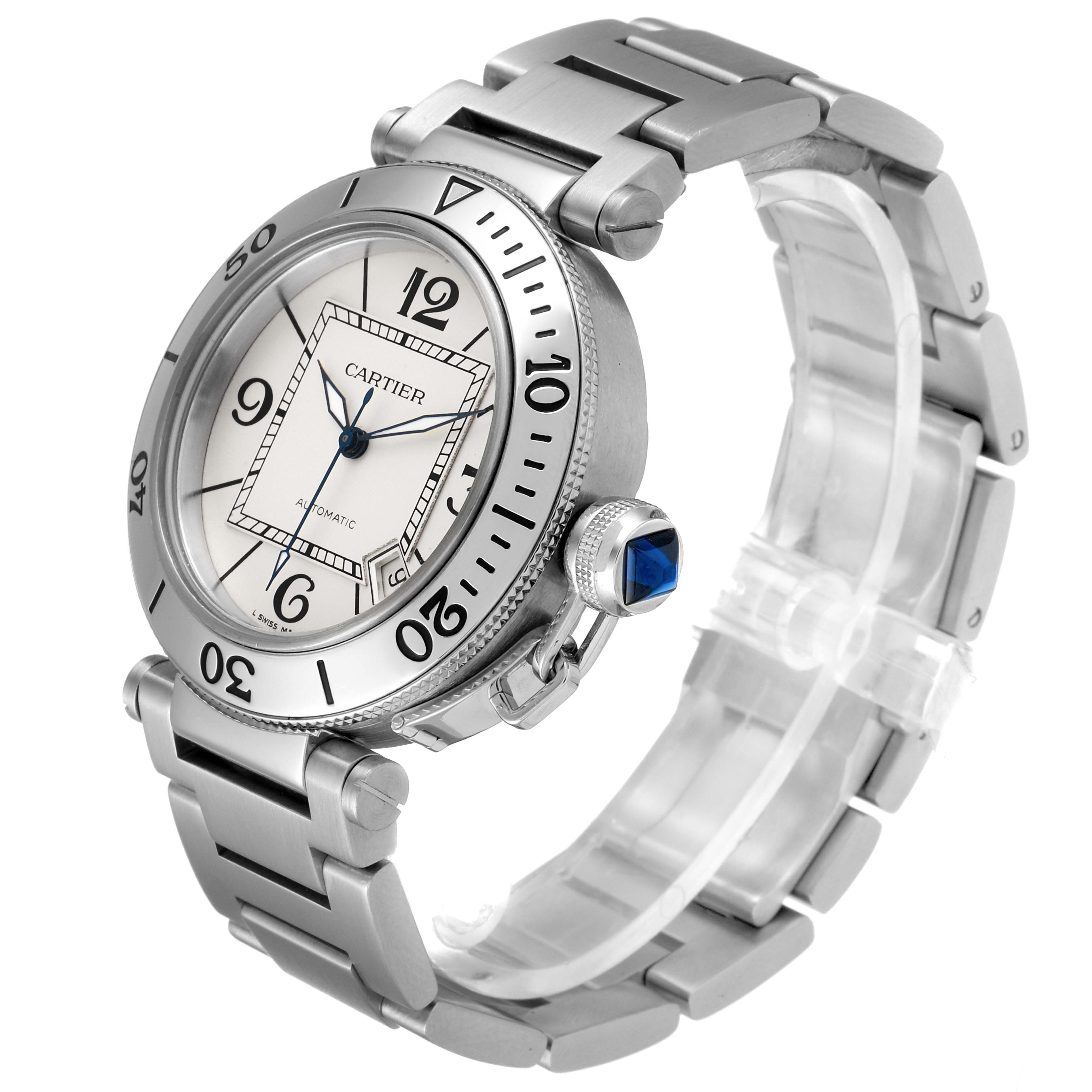 The image shows a Cartier Pasha W31080M7 Men
s Stainless Steel Silver Dial W31080M7 Men
s Stainless Steel Silver Dial watch at a three-quarter angle highlighting the face, bezel, crown, and bracelet.