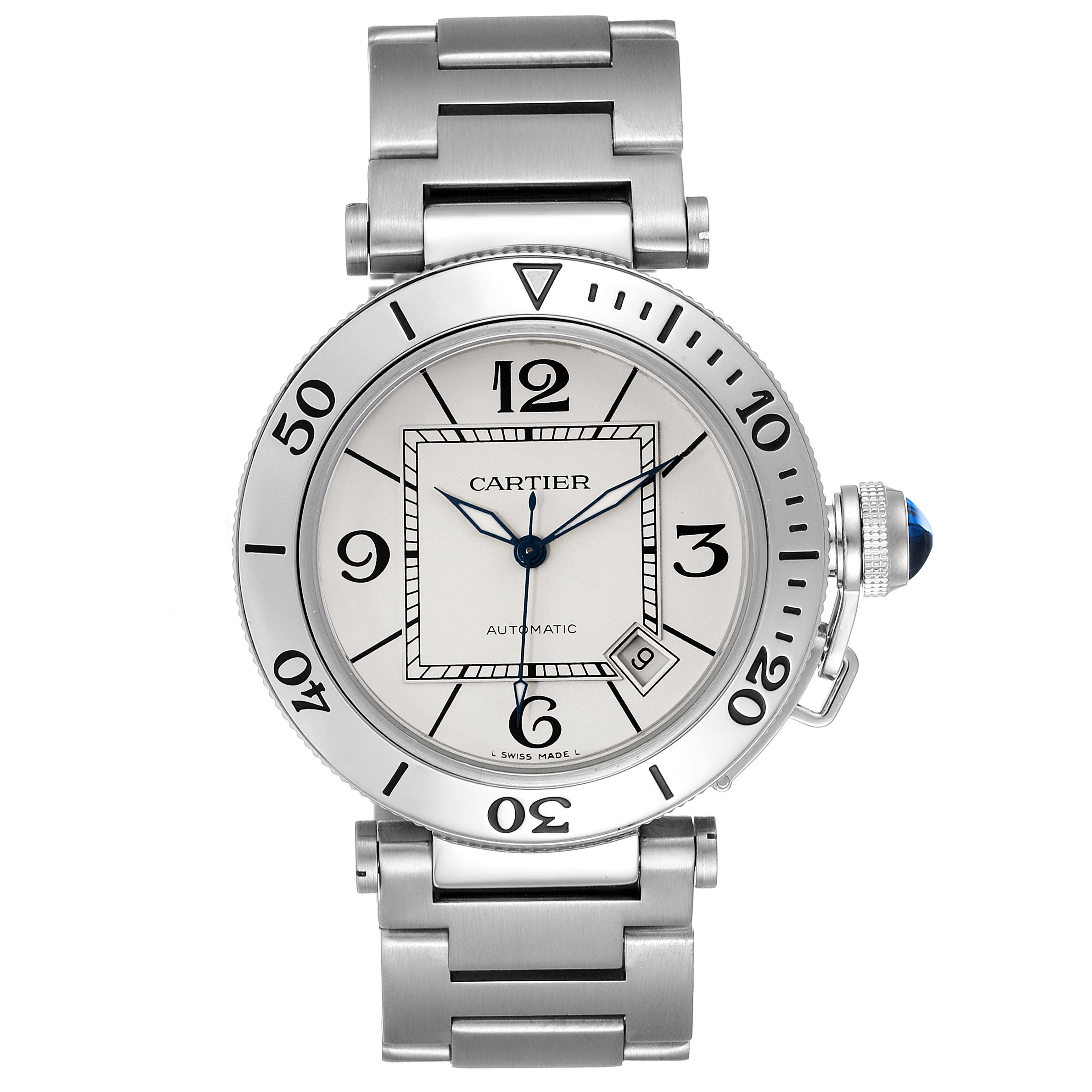 This image features a front view of a Cartier Pasha W31080M7 Men
s Stainless Steel Silver Dial W31080M7 Men
s Stainless Steel Silver Dial model watch, showing the dial, bezel, crown, and bracelet.