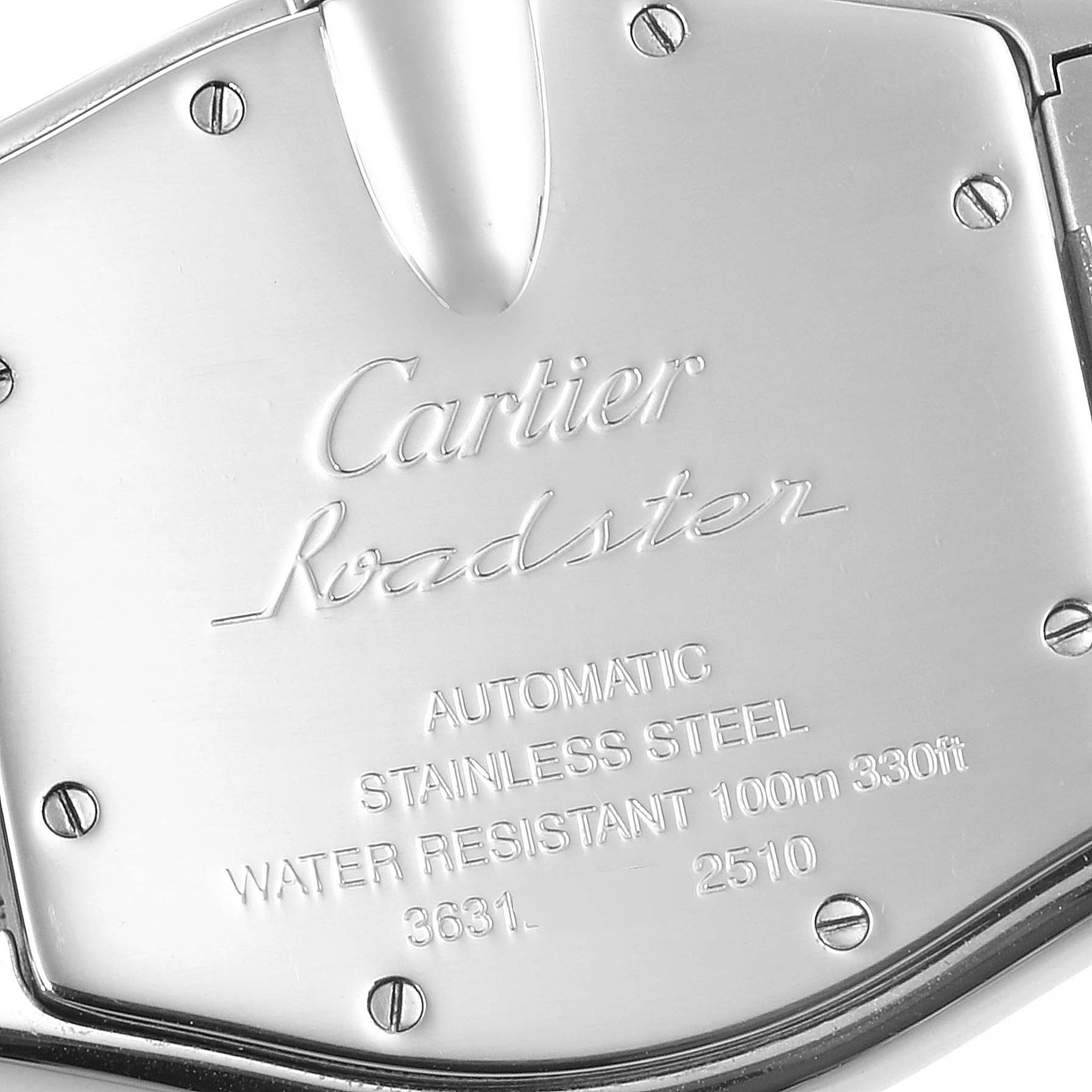 The image shows the back case of a Cartier Roadster W62001V3 Men's Stainless Steel Grey Dial W62001V3 Men's Stainless Steel Grey Dial model watch, highlighting its engravings and screws.