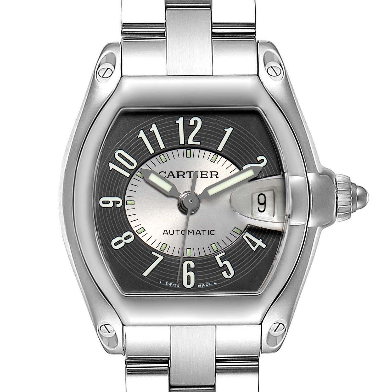 The image shows a frontal view of the Cartier Roadster W62001V3 Men's Stainless Steel Grey Dial W62001V3 Men's Stainless Steel Grey Dial watch, including the case, dial, and part of the bracelet.