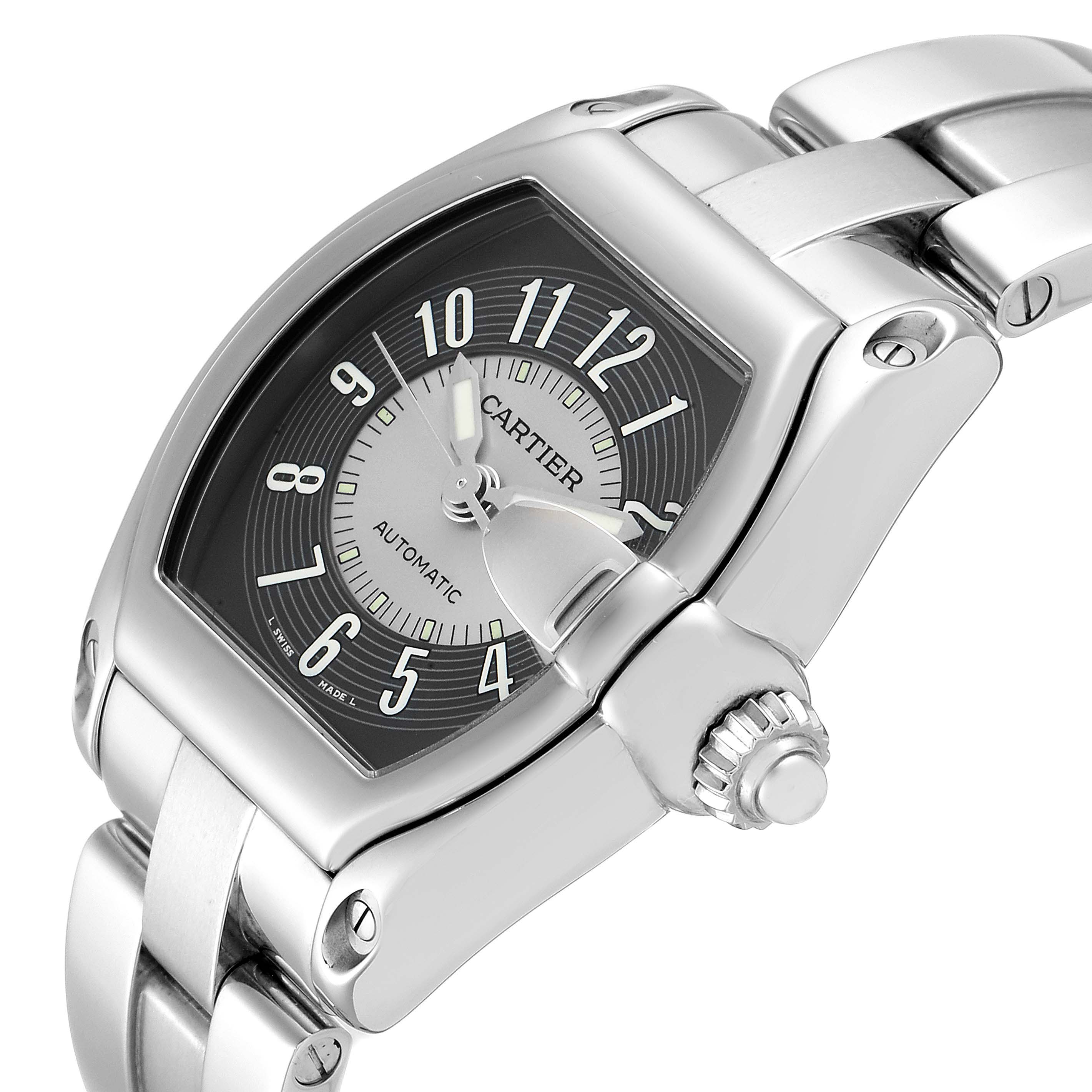 The image shows a close-up of the dial, case, and bracelet of a Cartier Roadster W62001V3 Men's Stainless Steel Grey Dial W62001V3 Men's Stainless Steel Grey Dial watch from a slight side angle.
