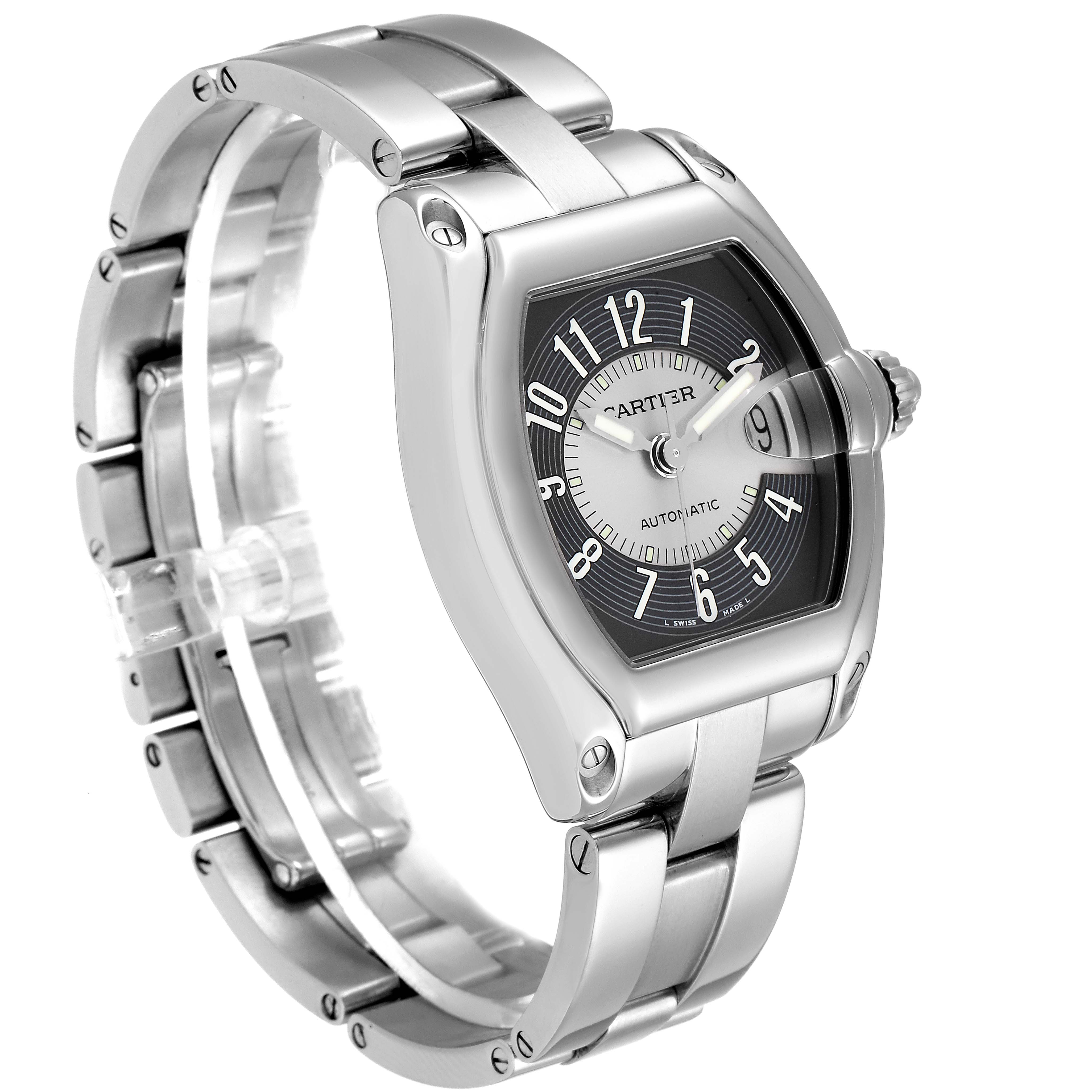 The image shows a Cartier Roadster W62001V3 Men's Stainless Steel Grey Dial W62001V3 Men's Stainless Steel Grey Dial watch angled to display the face, crown, and metal bracelet.