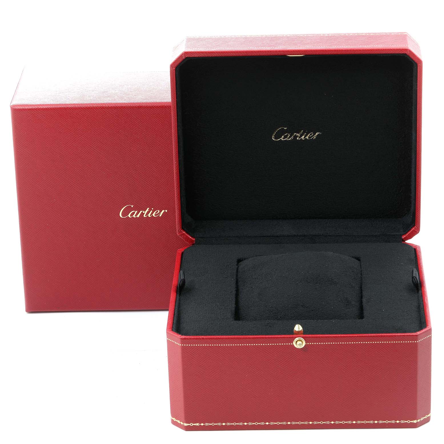 The image shows an open red Cartier watch box for the Roadster model, revealing its black interior.