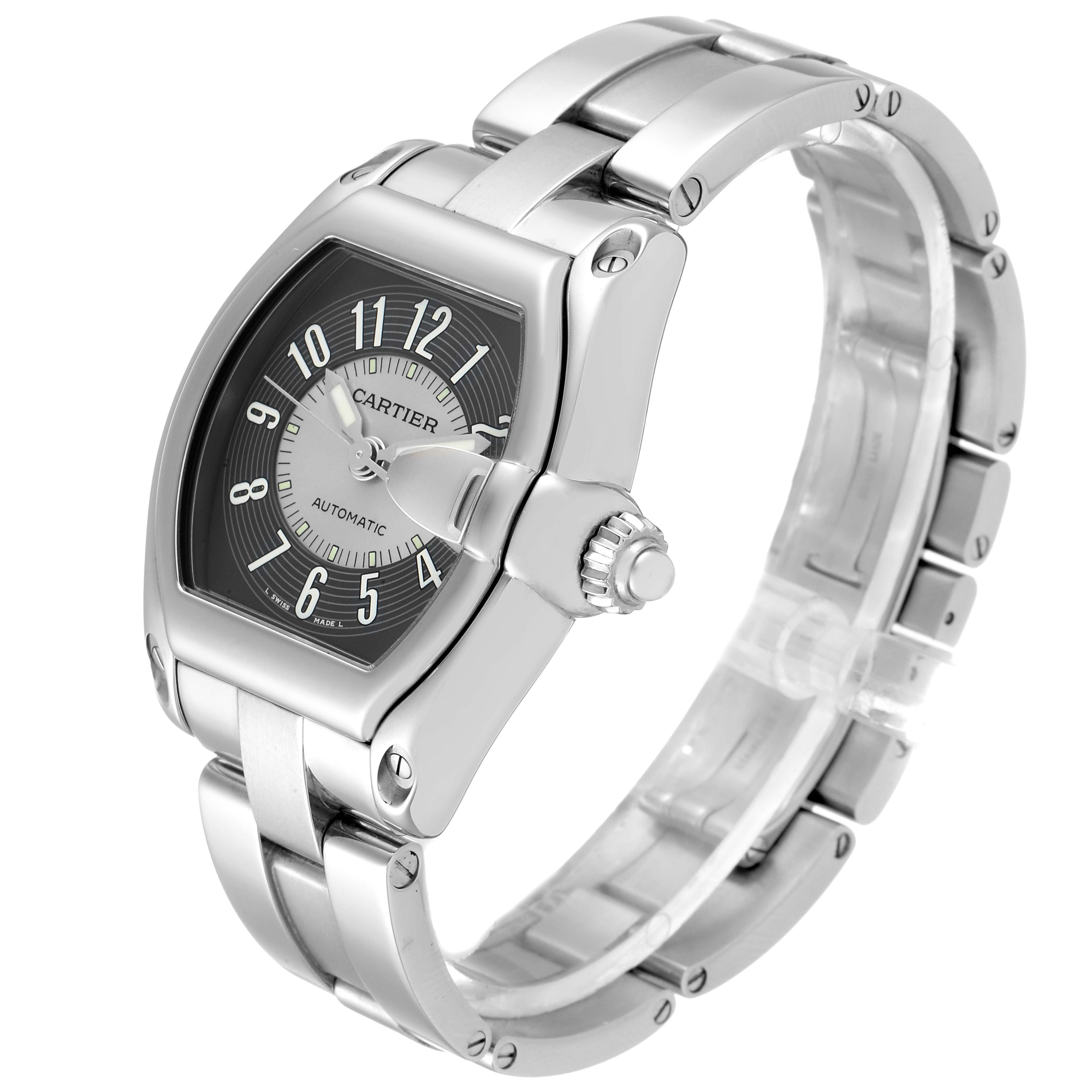 The image shows a Cartier Roadster W62001V3 Men's Stainless Steel Grey Dial W62001V3 Men's Stainless Steel Grey Dial watch angled to display the face, crown, and bracelet.