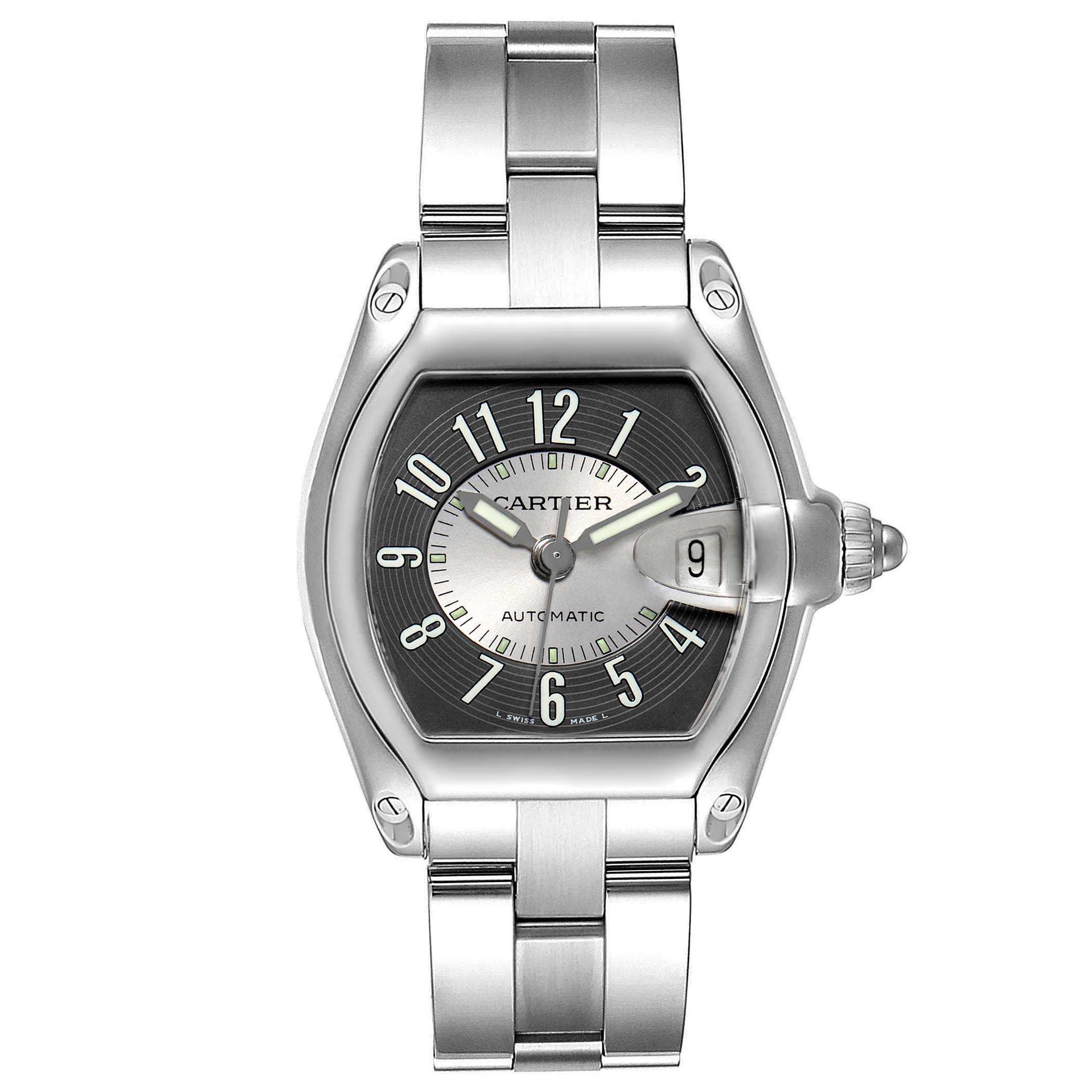 The image shows a front view of a Cartier Roadster W62001V3 Men's Stainless Steel Grey Dial W62001V3 Men's Stainless Steel Grey Dial watch, highlighting its face and metal bracelet.