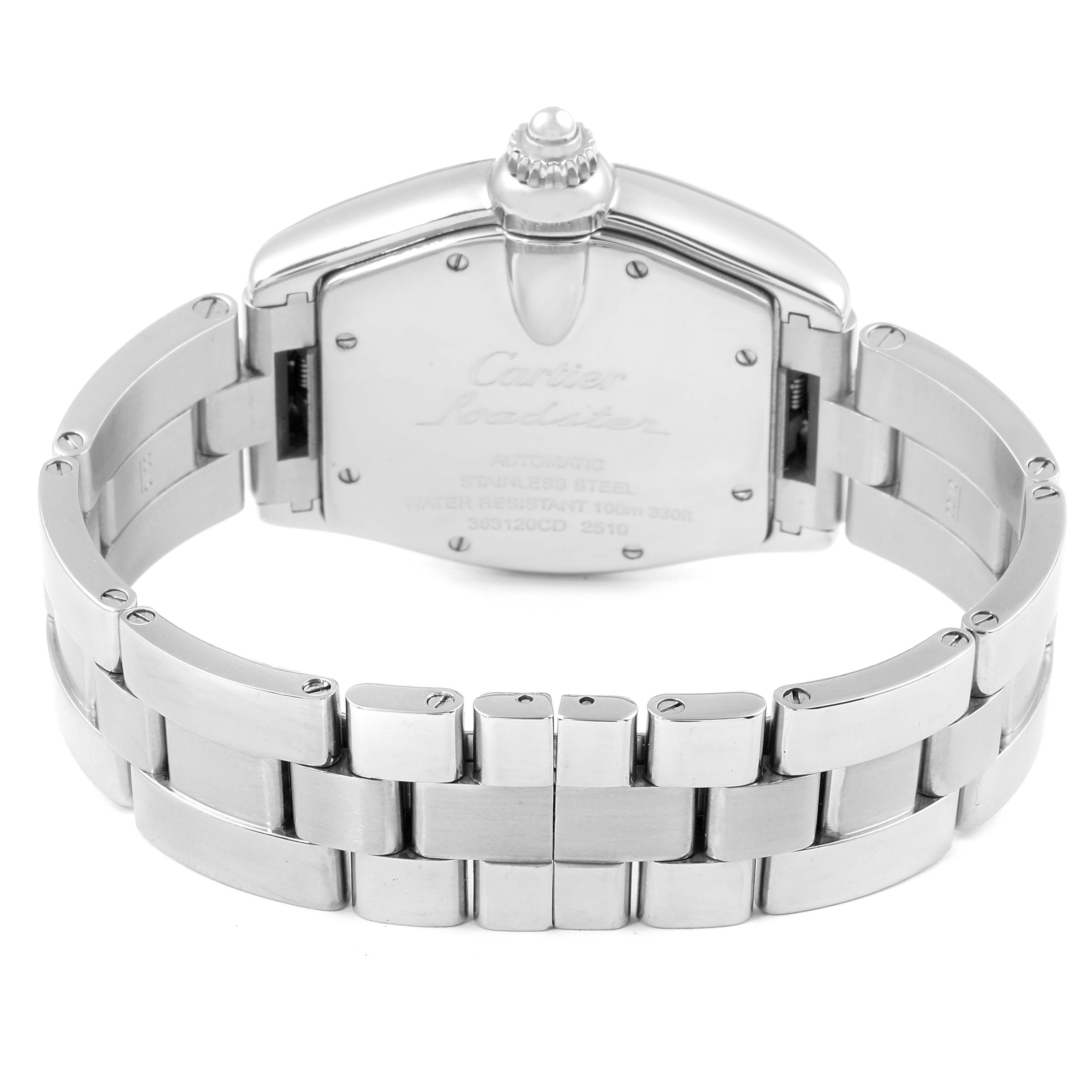 The image shows the back case and bracelet band of the Cartier Roadster W62001V3 Men's Stainless Steel Grey Dial W62001V3 Men's Stainless Steel Grey Dial watch from a rear angle.