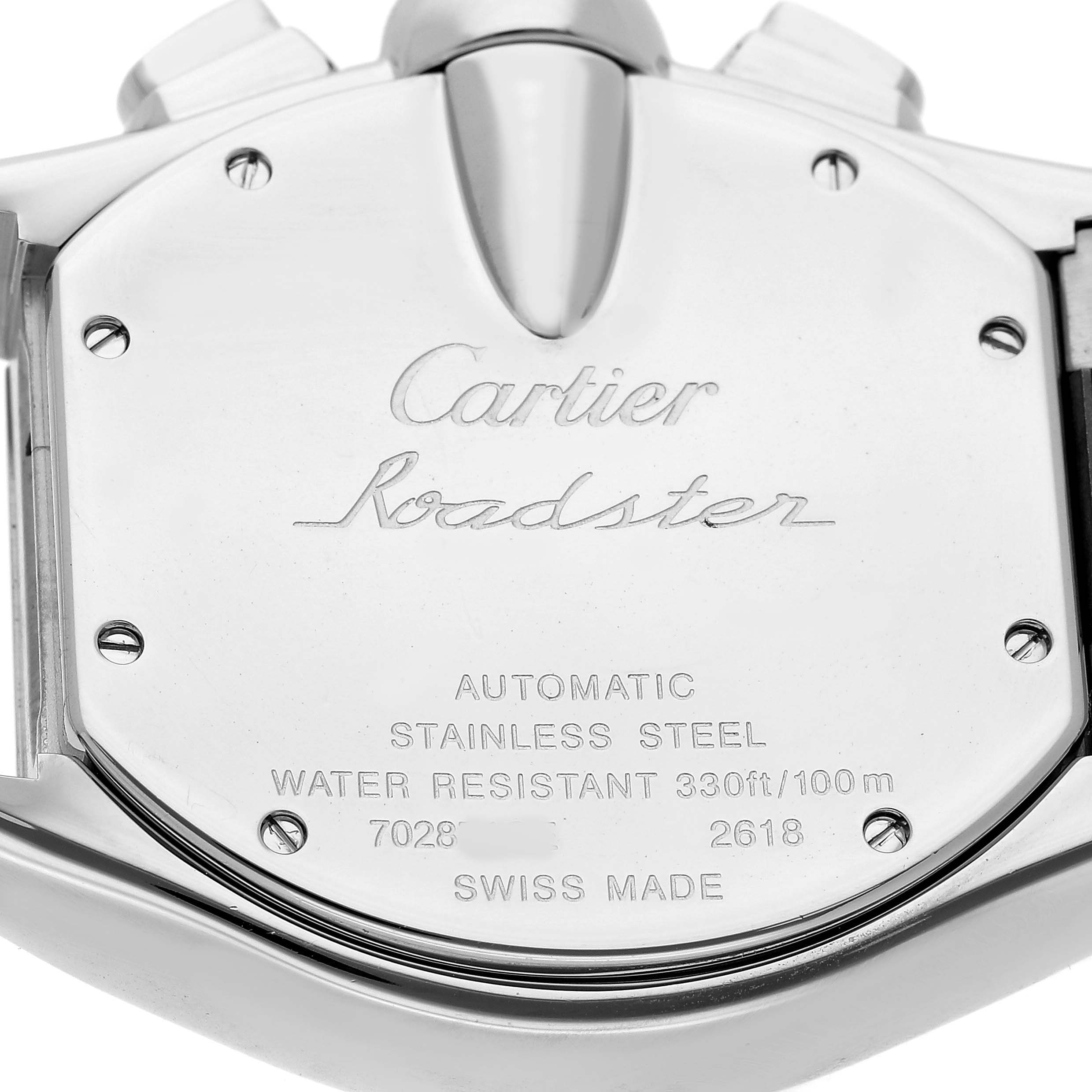 The image shows the back of the Cartier Roadster W62019X6 Men's Stainless Steel Silver Dial watch, detailing its stainless steel, automatic movement, and water resistance.