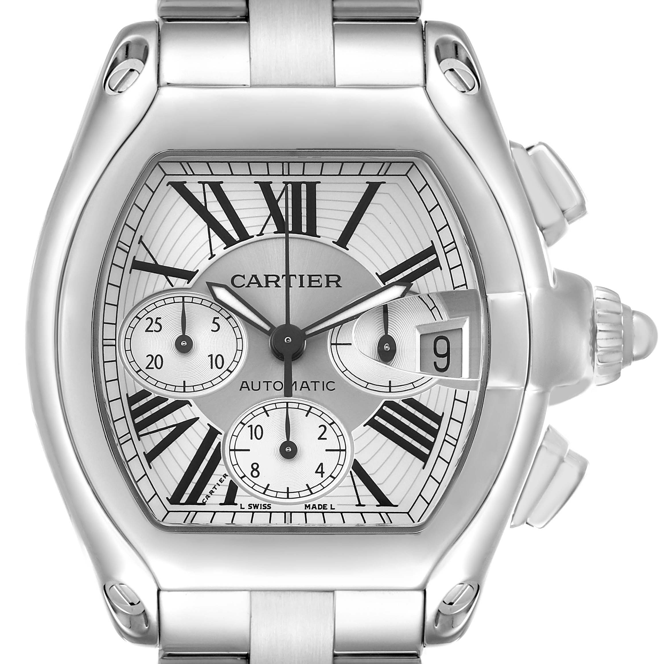 The Cartier Roadster W62019X6 Men's Stainless Steel Silver Dial watch is shown at a front angle, displaying the dial, subdials, crown, and part of the stainless steel bracelet.