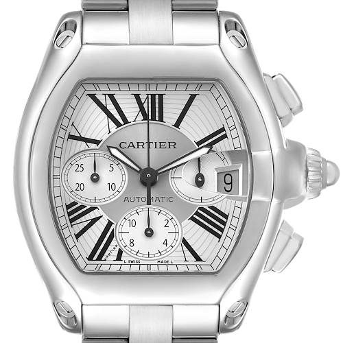 The Cartier Roadster W62019X6 Men's Stainless Steel Silver Dial watch is shown from the front, highlighting the dial, subdials, and crown.