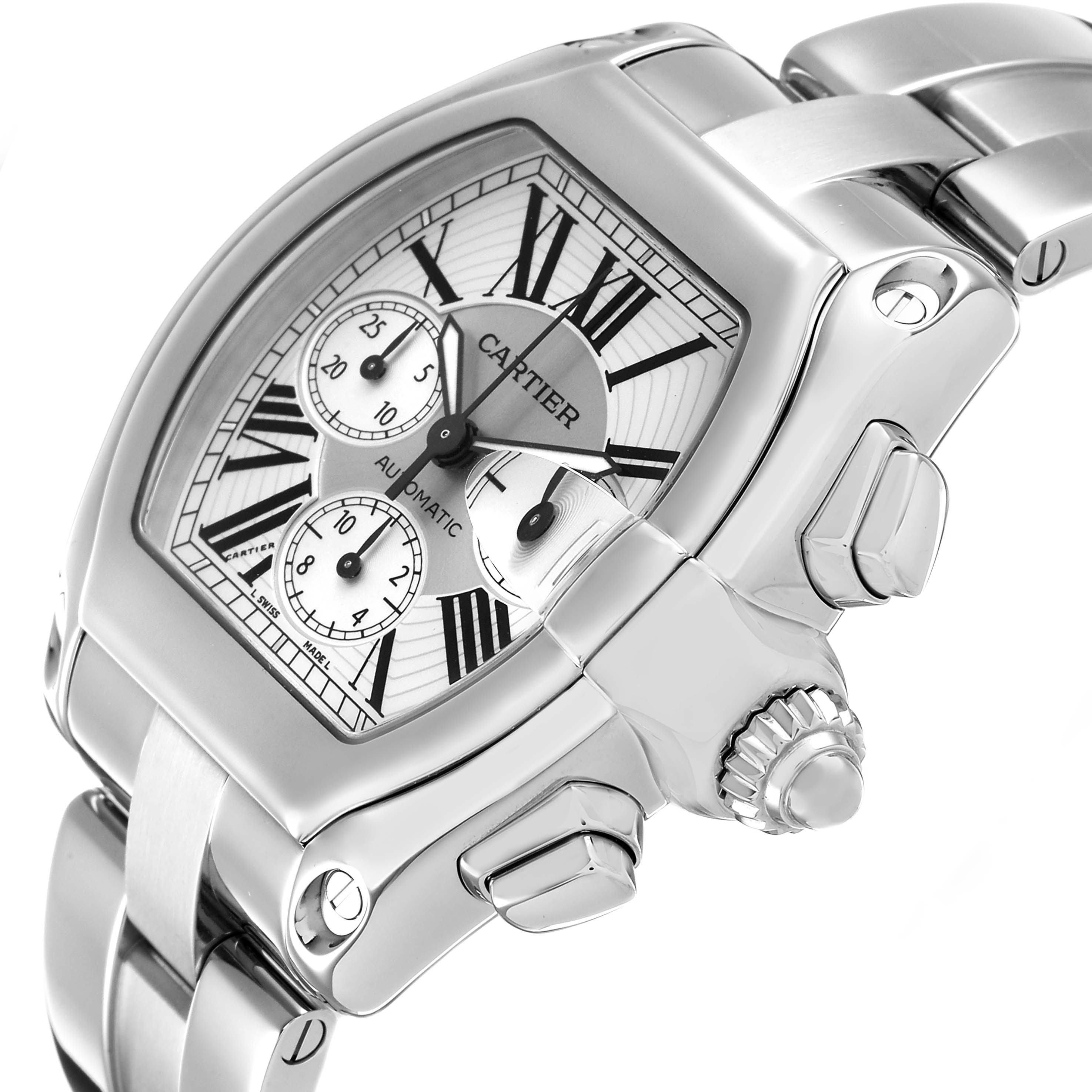 The Cartier Roadster W62019X6 Men's Stainless Steel Silver Dial watch is shown at an angled close-up, highlighting the face, crown, and stainless steel bracelet.