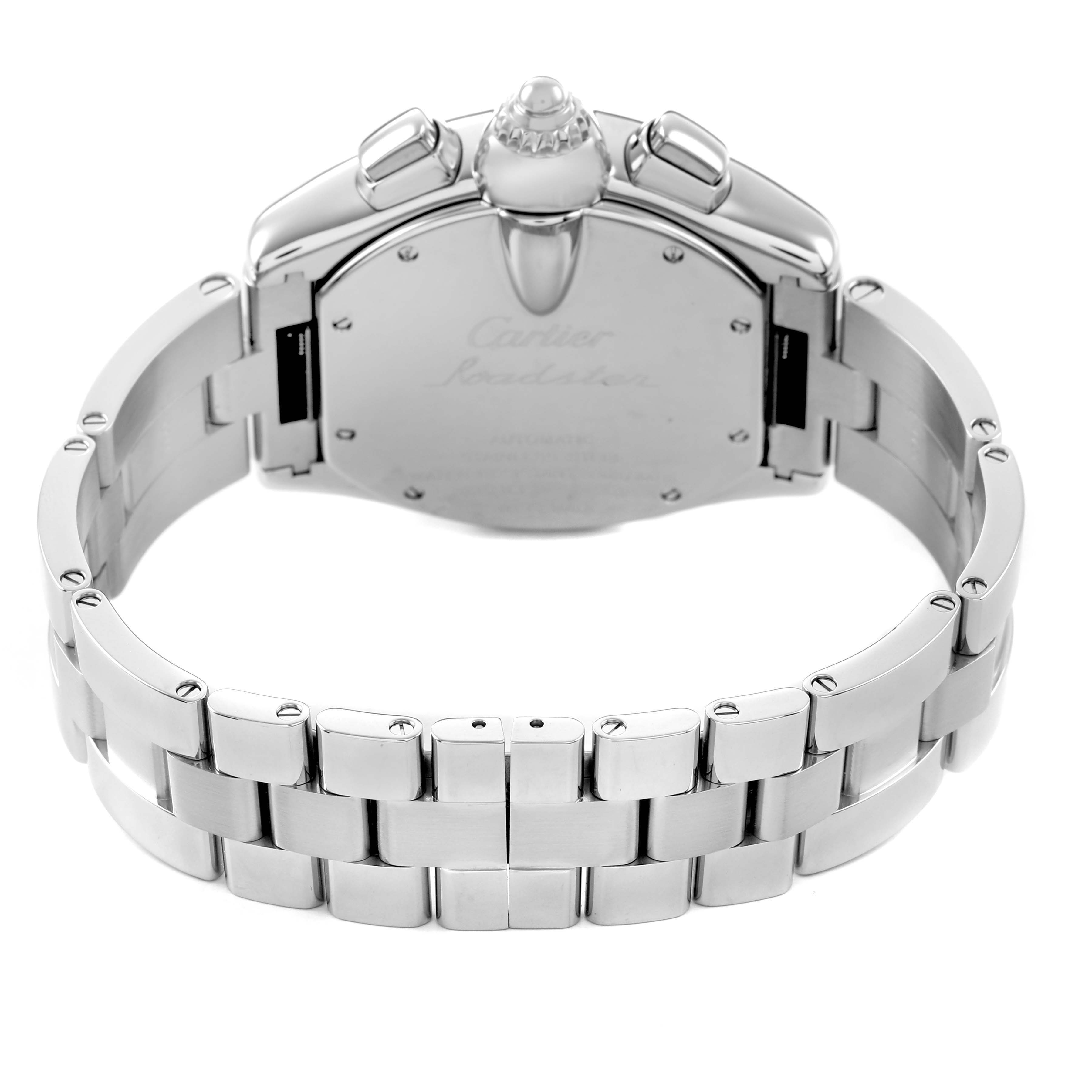 The Cartier Roadster W62019X6 Men's Stainless Steel Silver Dial watch is shown from the back, featuring the clasp and stainless steel bracelet.