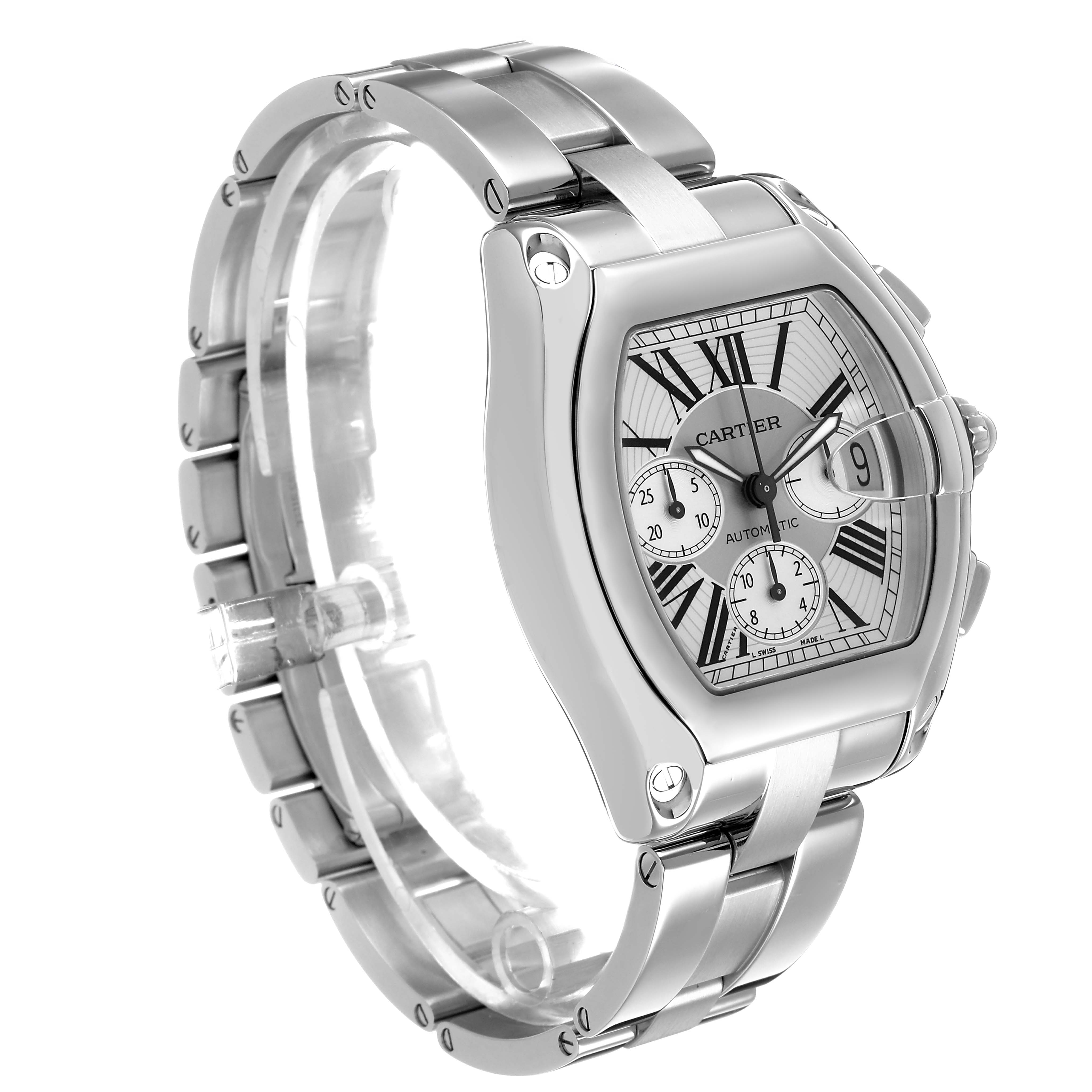 The Cartier Roadster W62019X6 Men's Stainless Steel Silver Dial watch is shown at a slight angle, highlighting the case, dial, bracelet, and crown features.