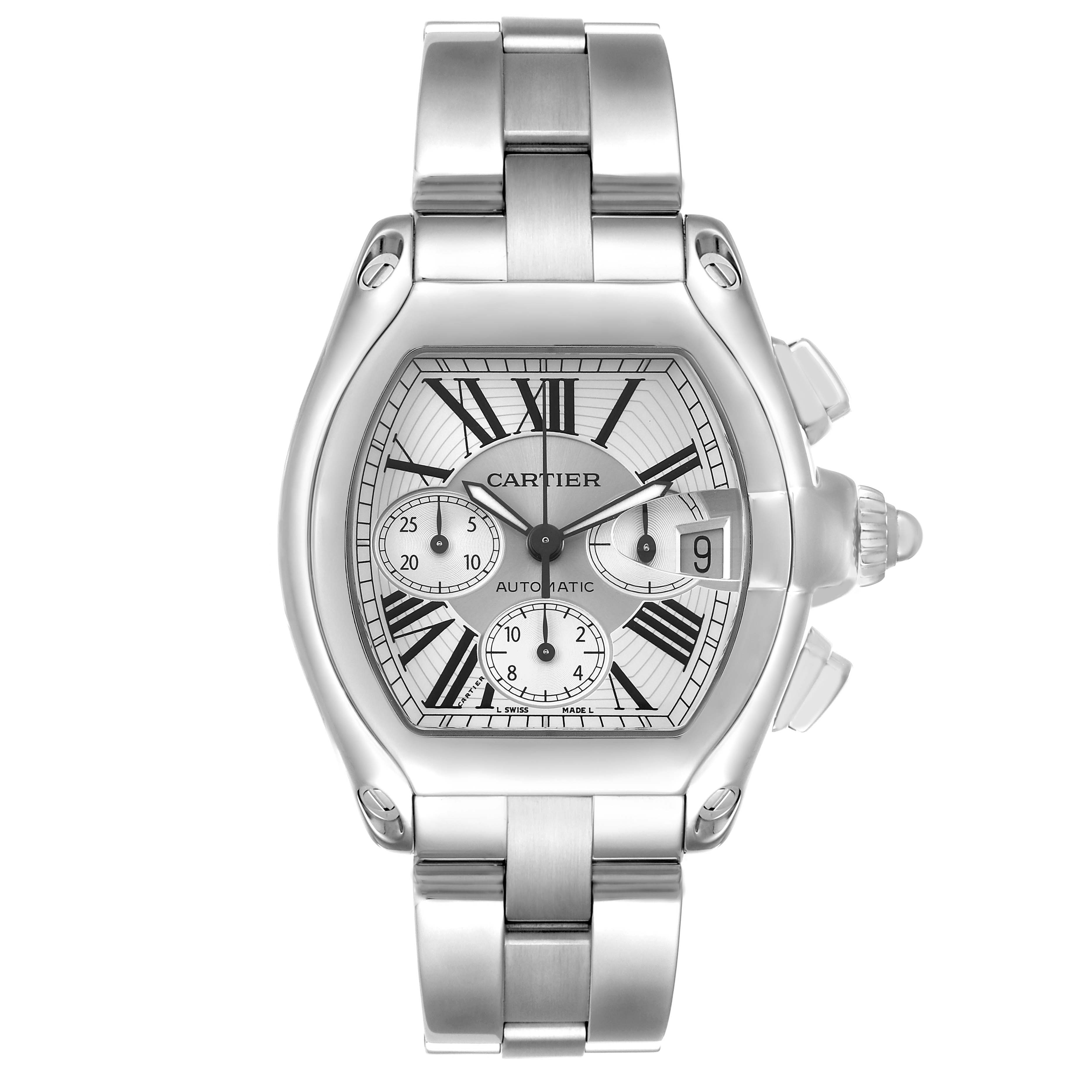 The Cartier Roadster W62019X6 Men's Stainless Steel Silver Dial watch is shown from the front, displaying its face, dial, and stainless steel bracelet.