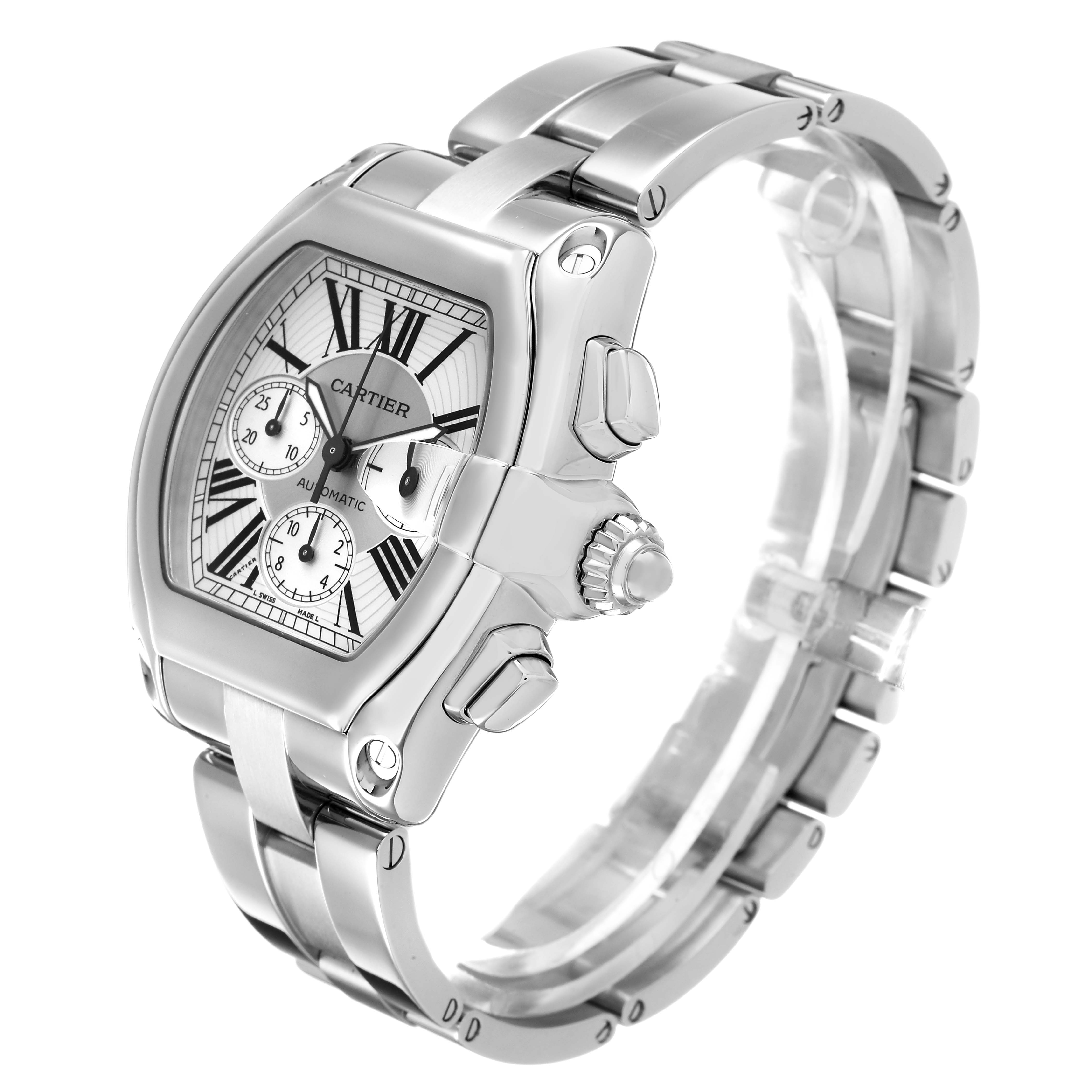The Cartier Roadster W62019X6 Men's Stainless Steel Silver Dial watch is shown from a three-quarter angle, displaying the dial, crown, pushers, and metal bracelet.