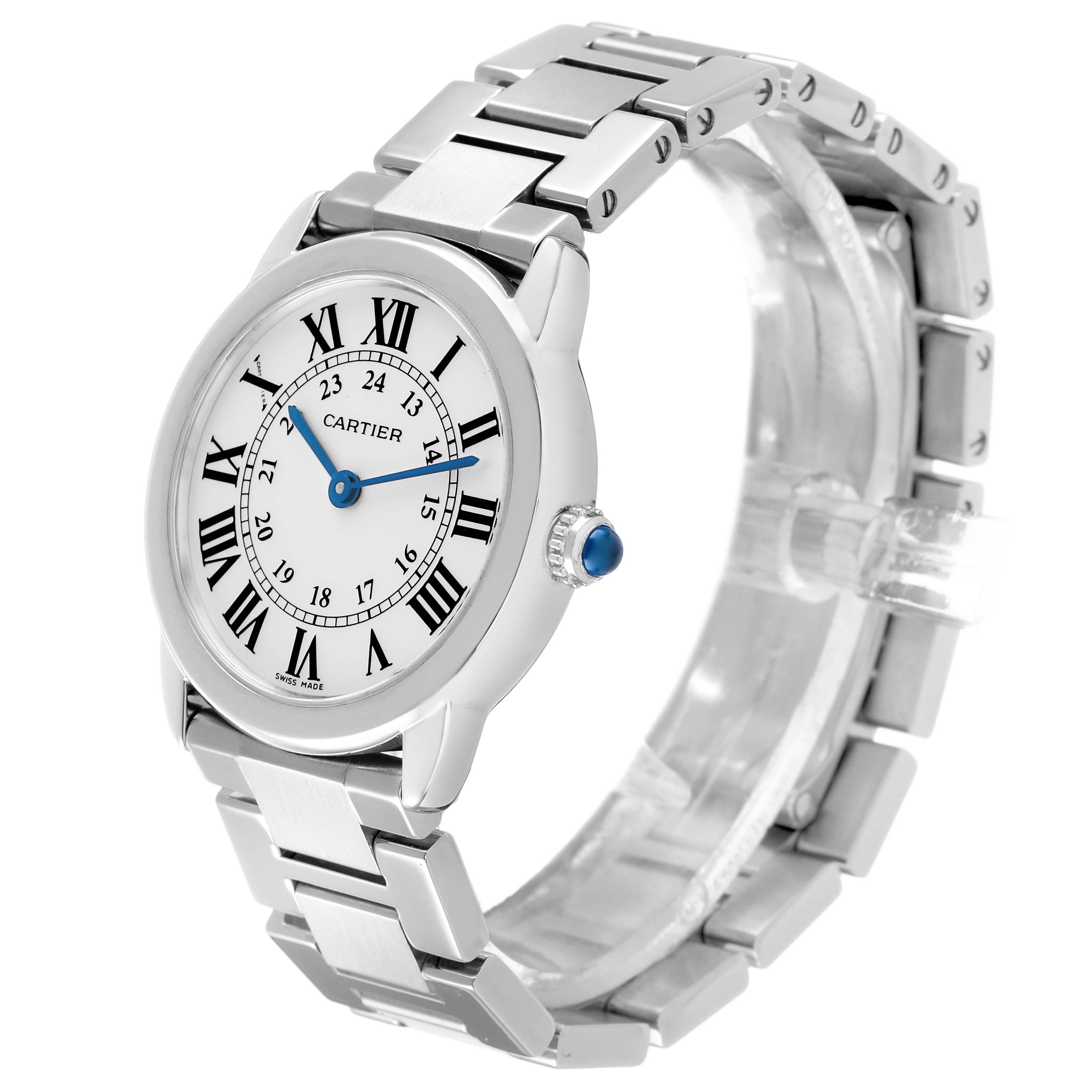 The Cartier Ronde W6701004 Women's Stainless Steel Silver Dial watch is shown at a 3/4 angle, highlighting the face, bezel, and metal bracelet.