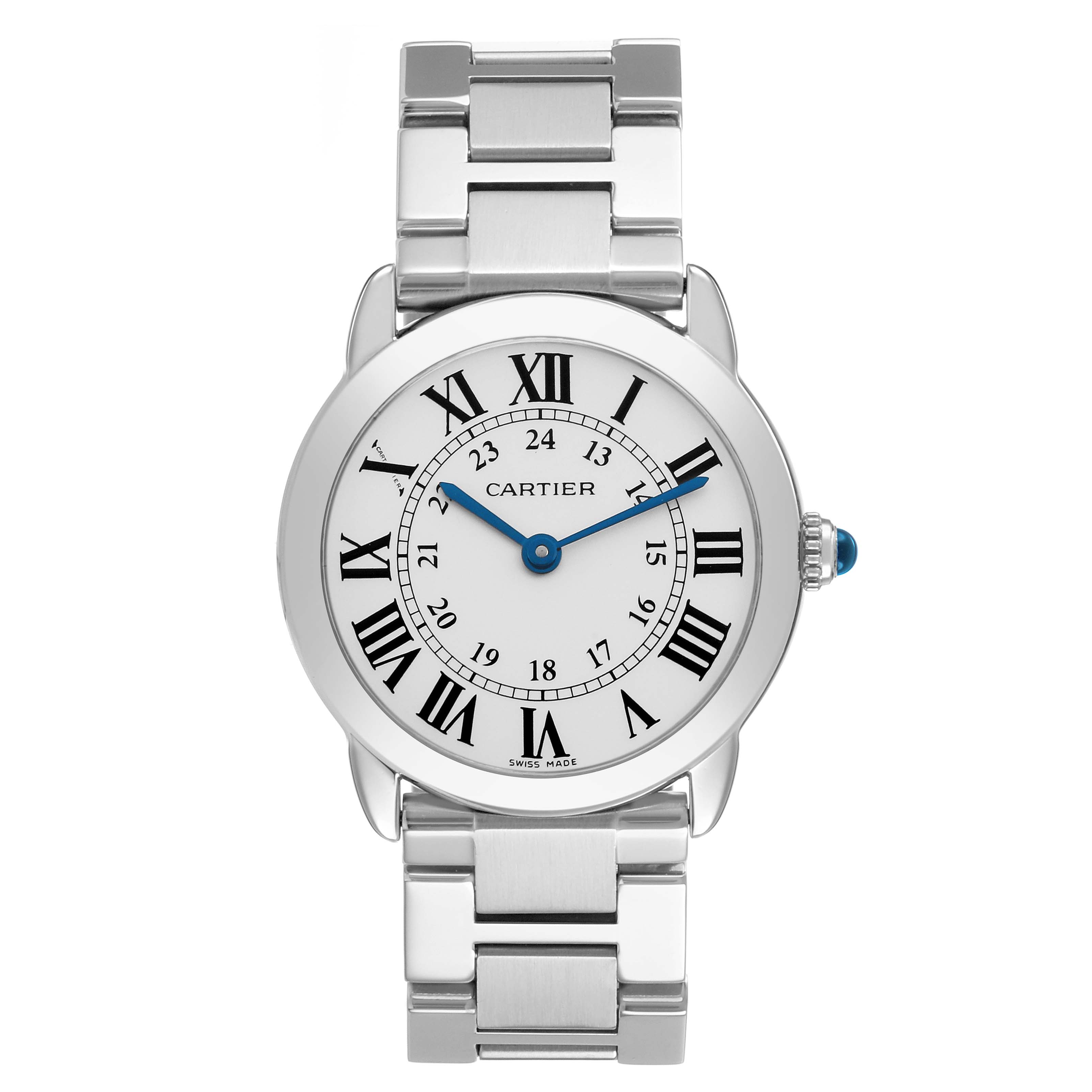 The Cartier Ronde W6701004 Women's Stainless Steel Silver Dial watch is shown from the front, displaying the face, hands, Roman numerals, and metal bracelet.