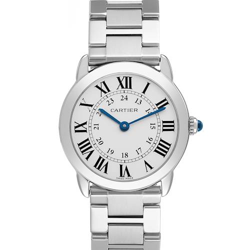 The Cartier Ronde W6701004 Women's Stainless Steel Silver Dial watch is shown from a front view, displaying the face, Roman numerals, blue hands, and metal bracelet.