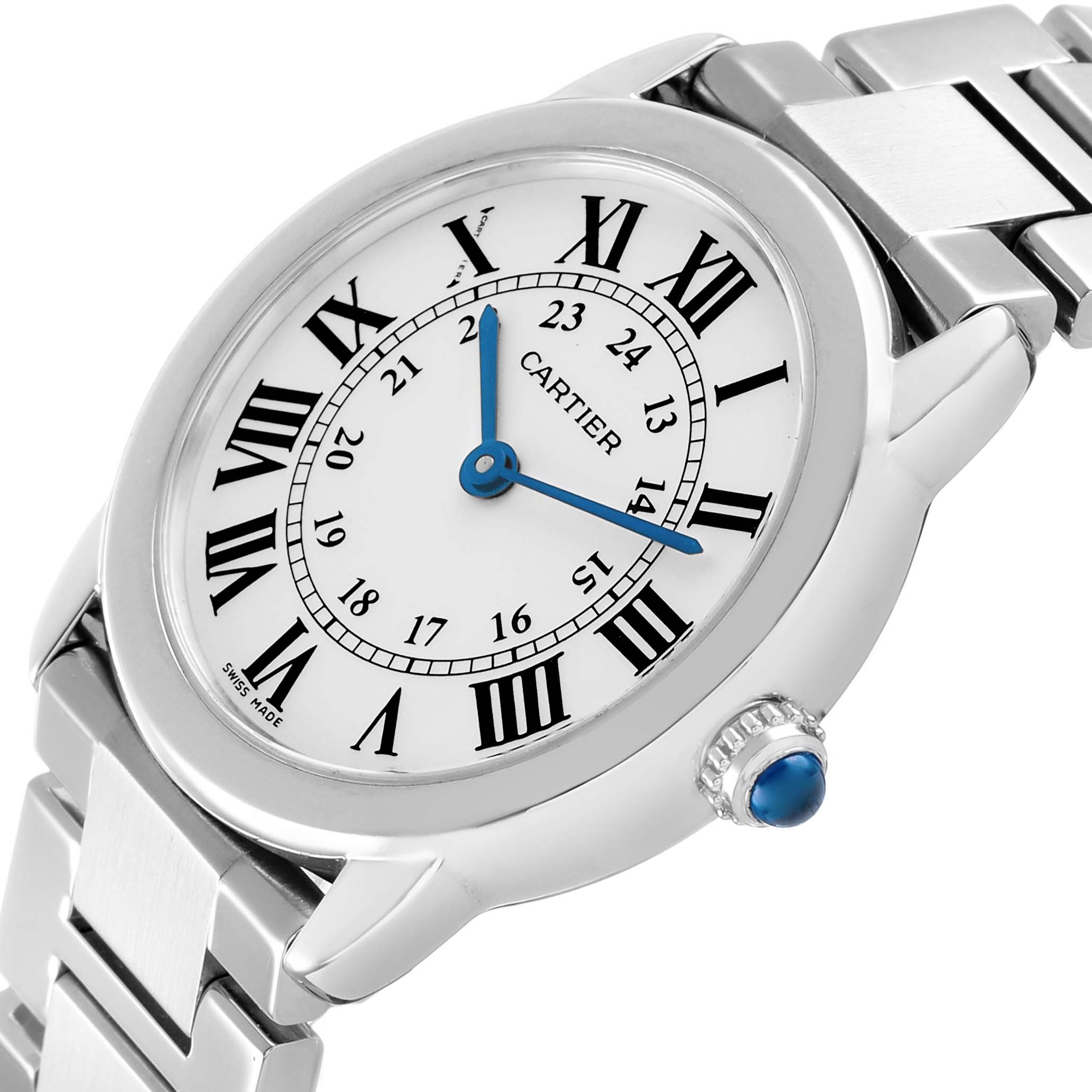 The Cartier Ronde W6701004 Women's Stainless Steel Silver Dial watch is shown at an angle emphasizing its face, Roman numerals, blue hands, and metal bracelet.