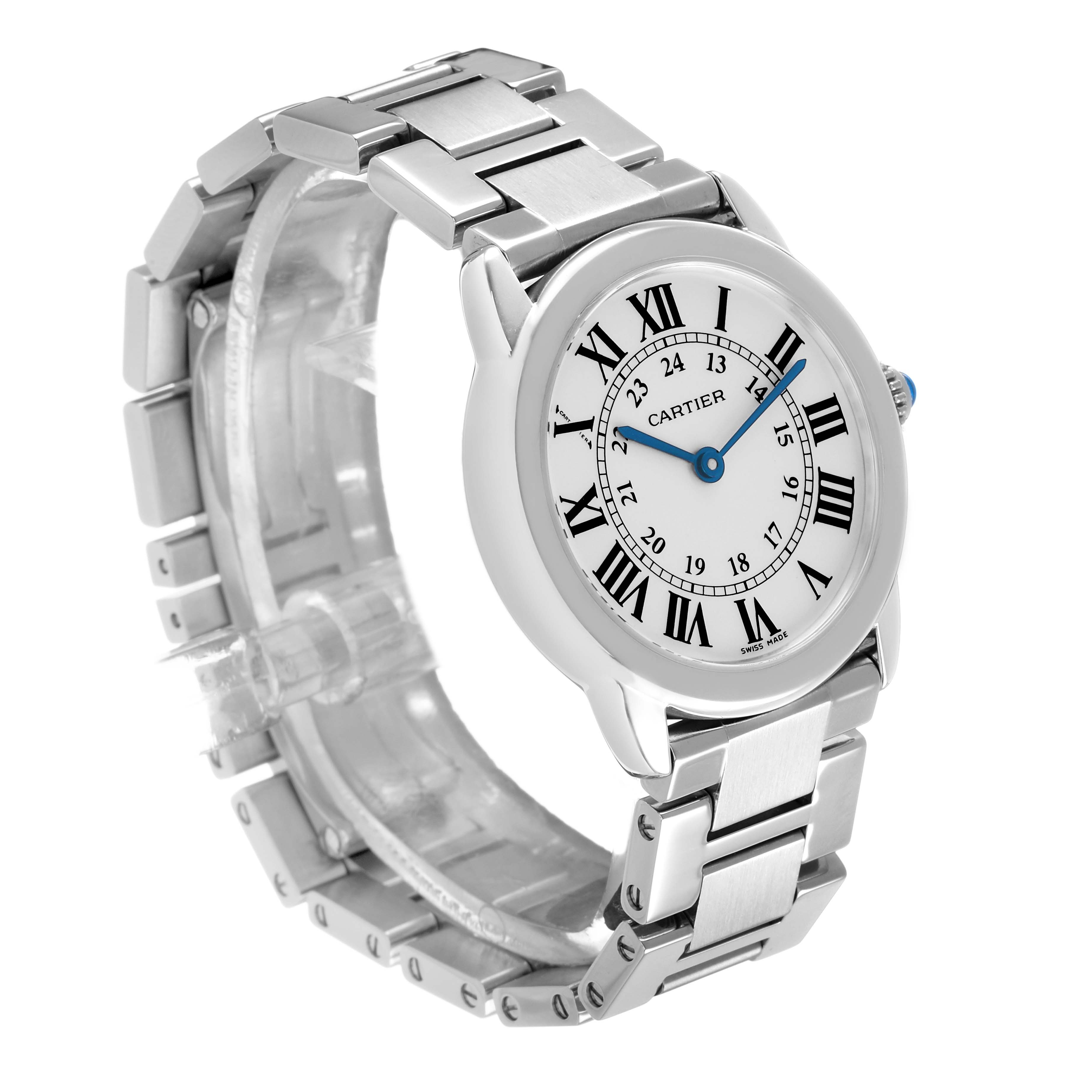 This Cartier Ronde W6701004 Women's Stainless Steel Silver Dial watch is shown at an oblique angle highlighting the dial, Roman numerals, and metal bracelet.