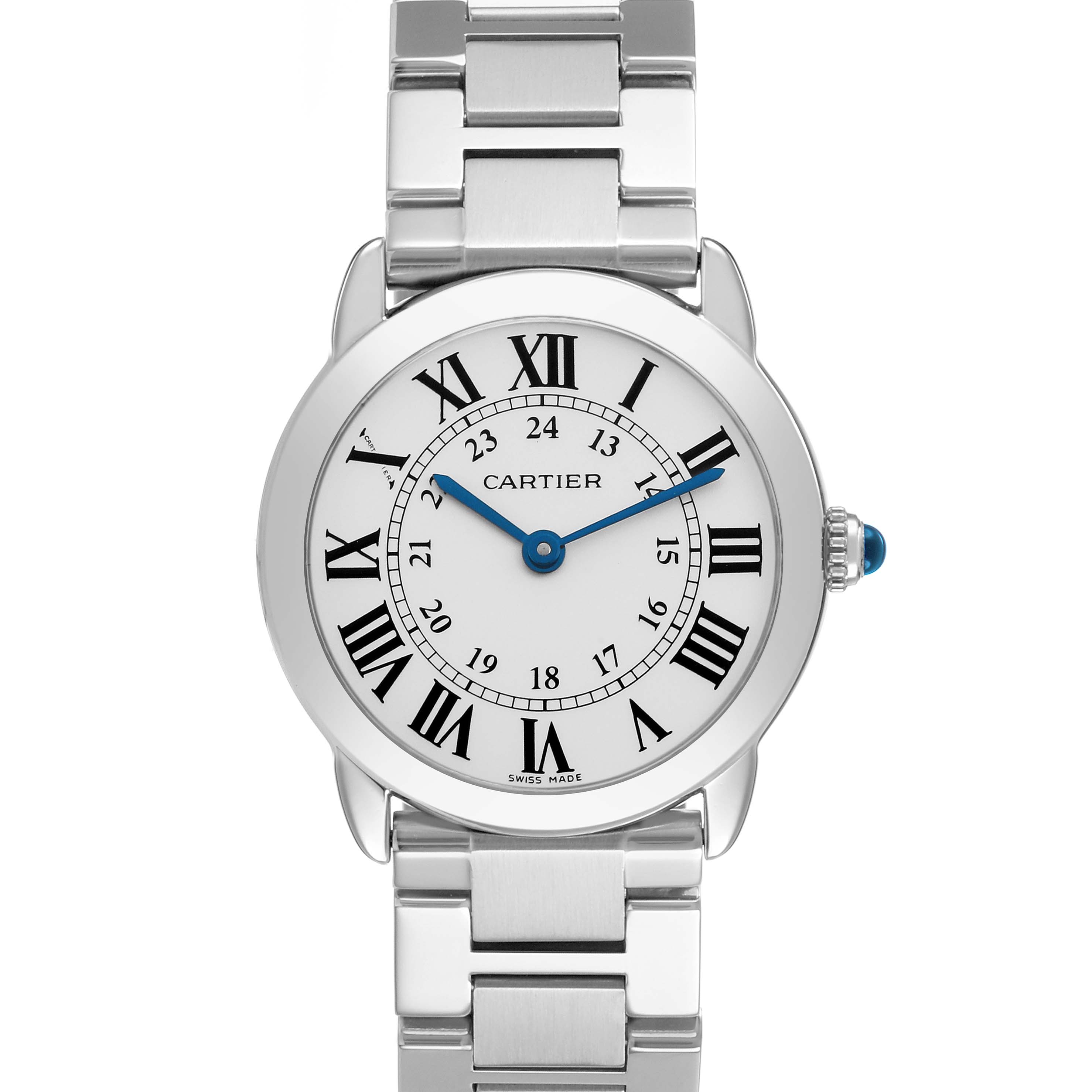 The Cartier Ronde W6701004 Women's Stainless Steel Silver Dial watch is shown from a top-down angle, highlighting the dial with Roman numerals and a stainless steel bracelet.