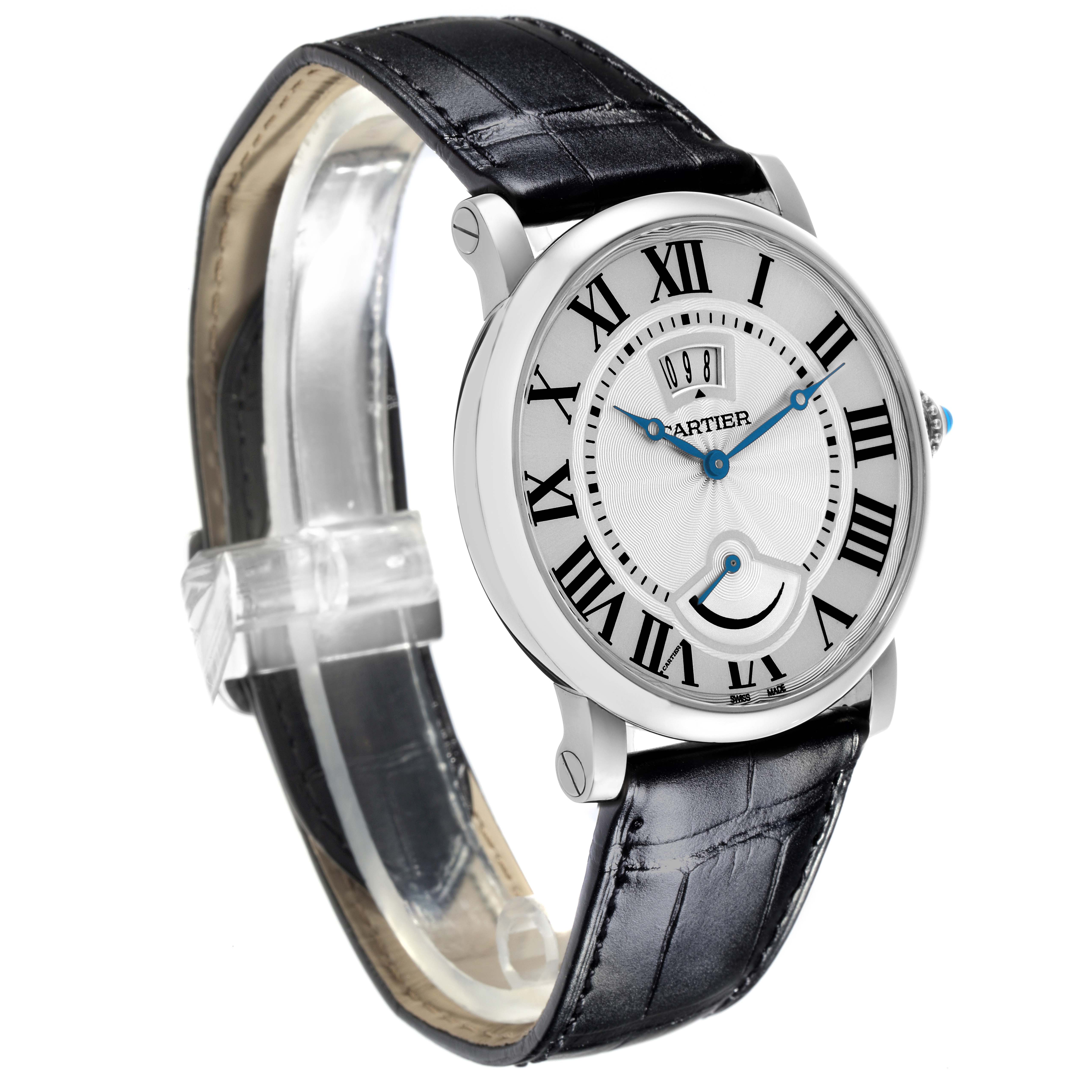 The Cartier Ronde W1556369 Men's Stainless Steel Silver Dial W1556369 Men's Stainless Steel Silver Dial watch is shown from a three-quarter side angle, displaying the face, case, and leather strap.
