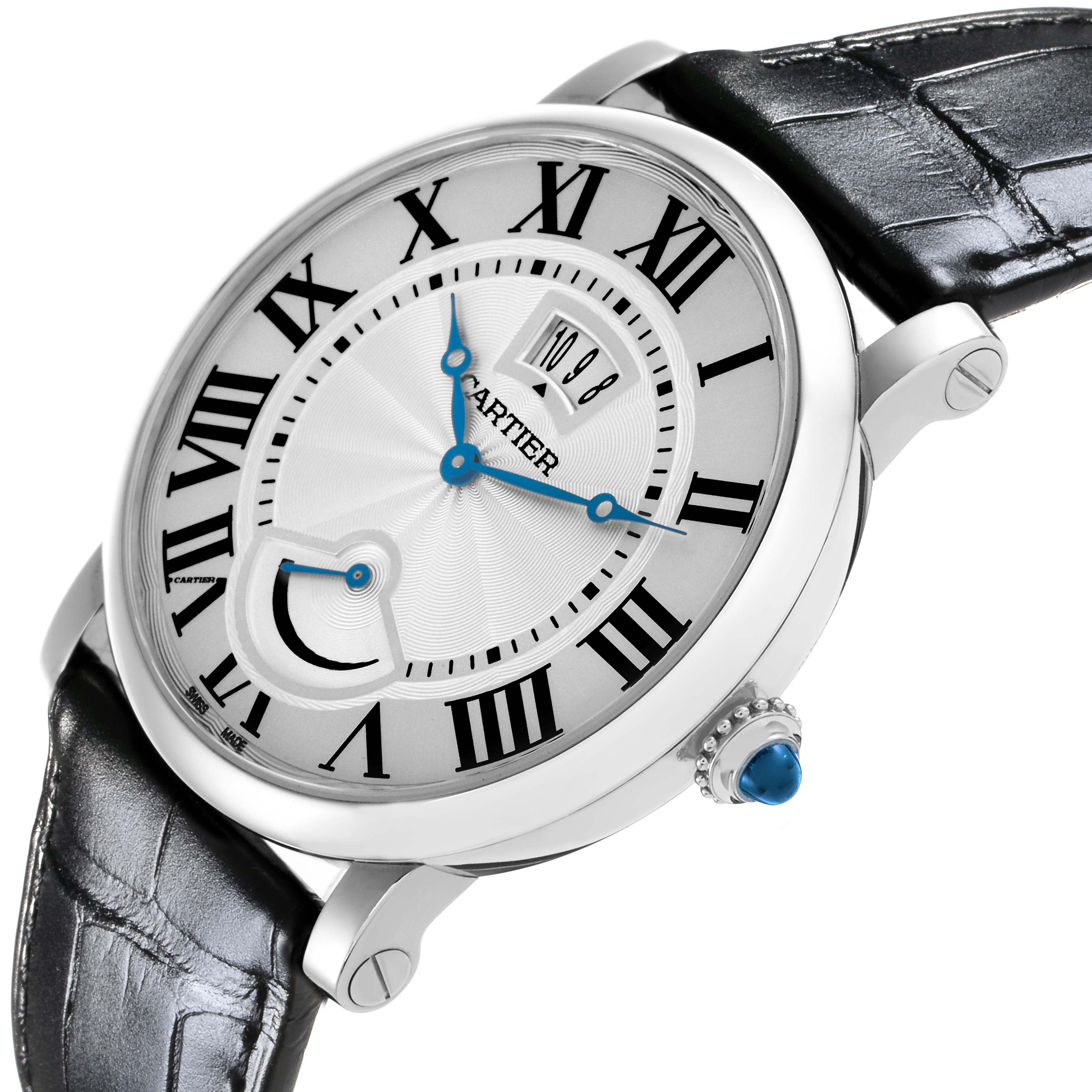 The image shows the Cartier Ronde W1556369 Men's Stainless Steel Silver Dial W1556369 Men's Stainless Steel Silver Dial watch at an angled side view, highlighting its Roman numerals, blue hands, crown, and leather strap.