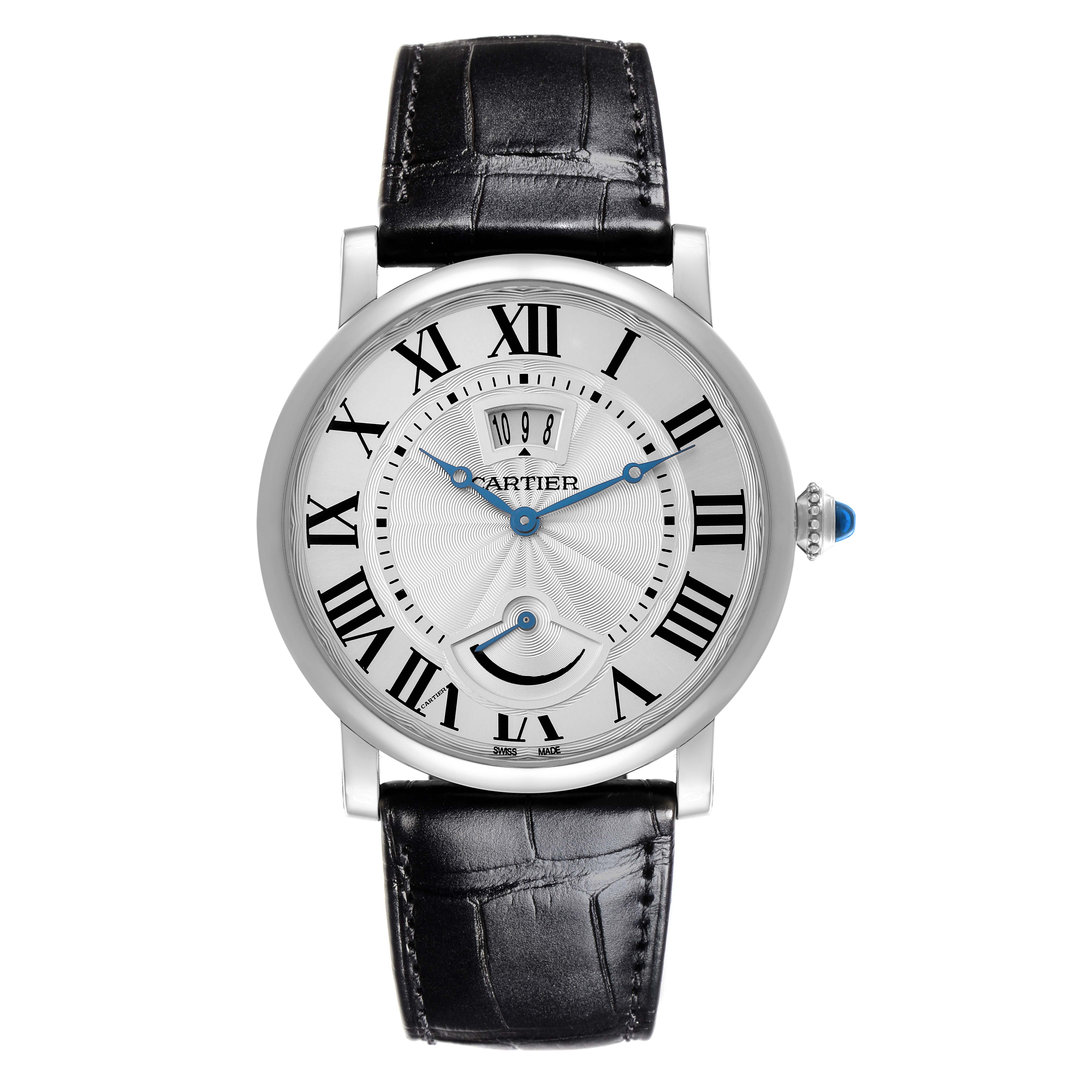 The Ronde by Cartier watch is shown from a front angle, displaying its dial, hands, Roman numerals, and leather strap.