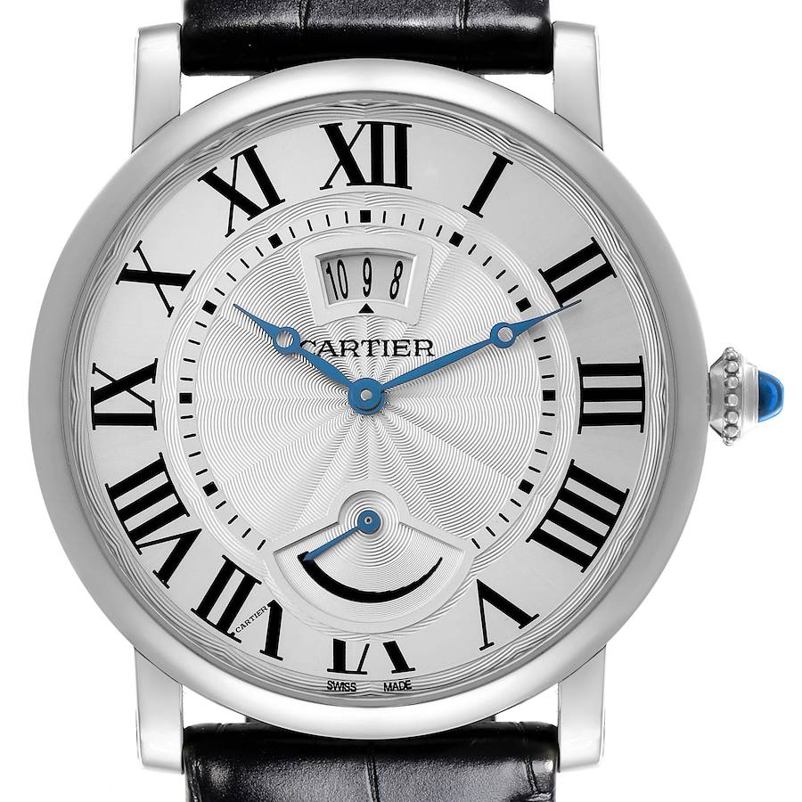 The Cartier Ronde watch is shown from the front, highlighting the dial, Roman numerals, hands, and blue crown.