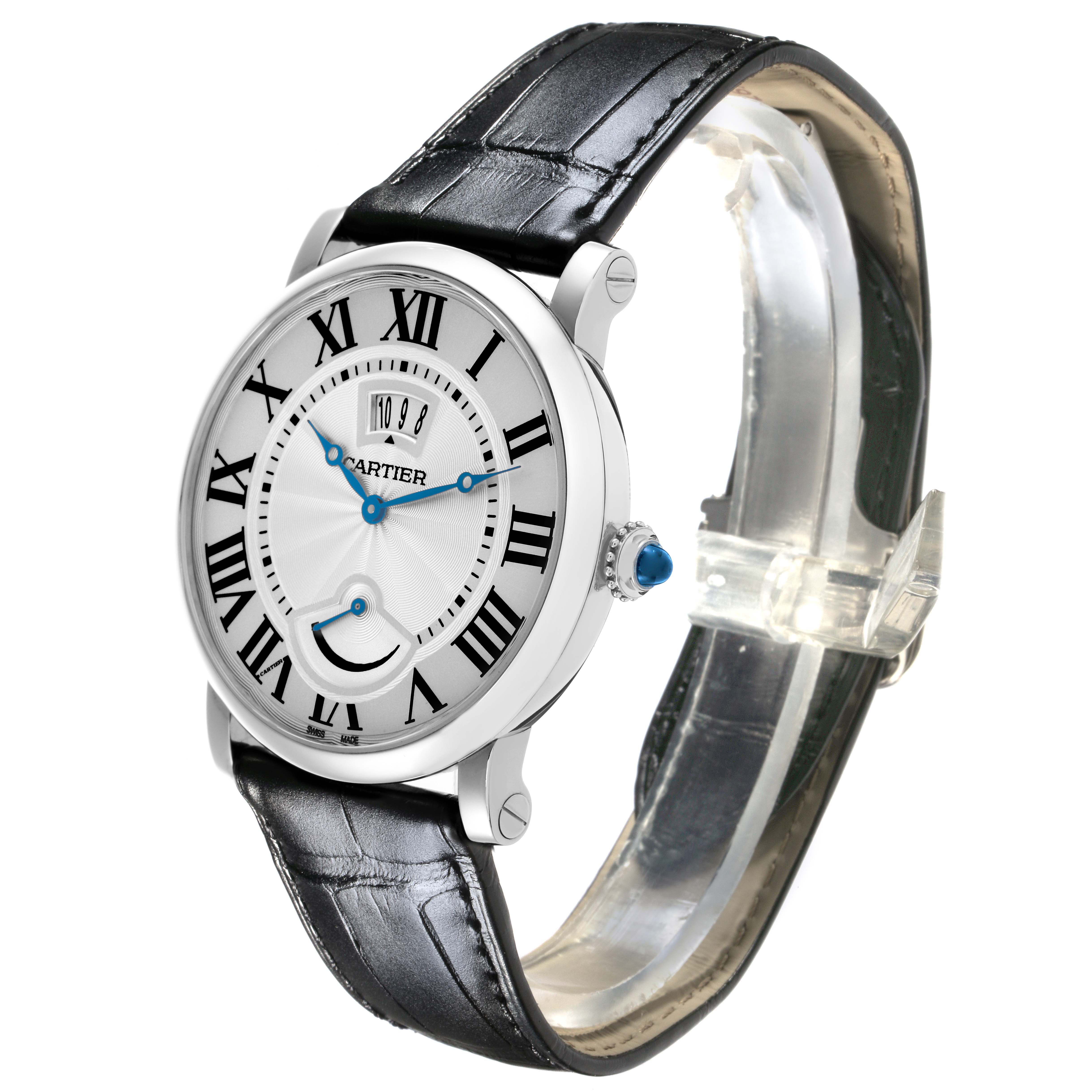The Cartier Ronde W1556369 Men's Stainless Steel Silver Dial W1556369 Men's Stainless Steel Silver Dial watch is shown at a slight angle highlighting the dial, bezel, and leather strap.
