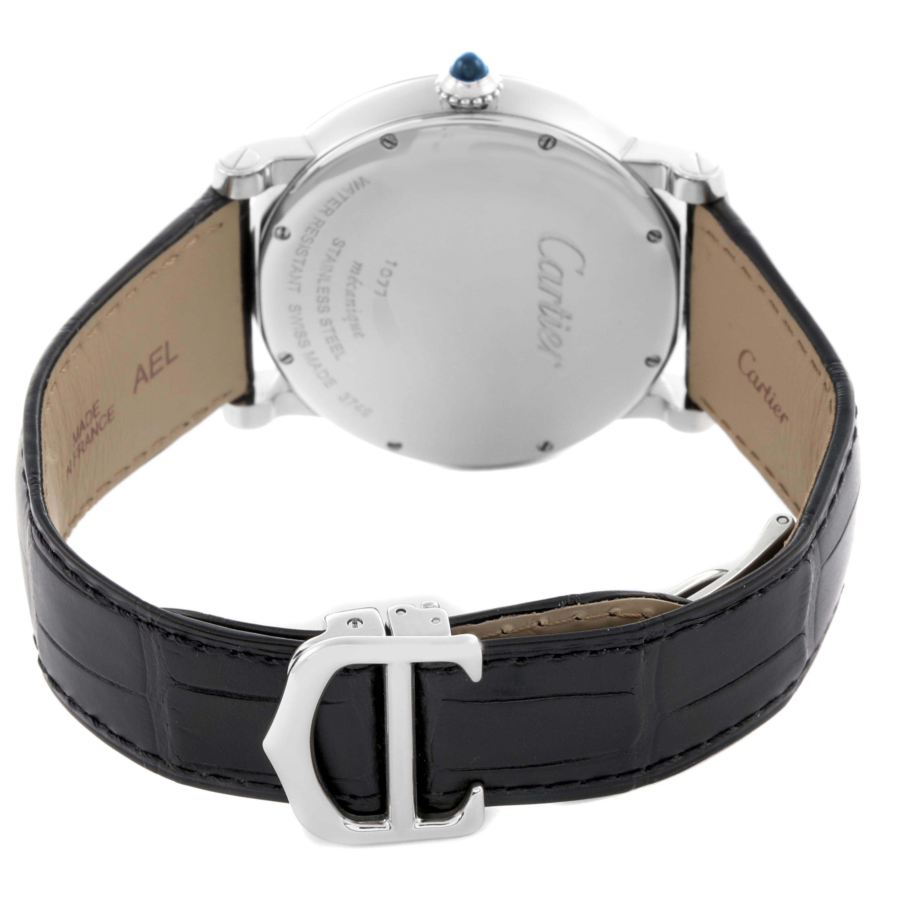 The Cartier Ronde W1556369 Men's Stainless Steel Silver Dial W1556369 Men's Stainless Steel Silver Dial watch is shown from the back, highlighting the case, leather strap, and clasp.