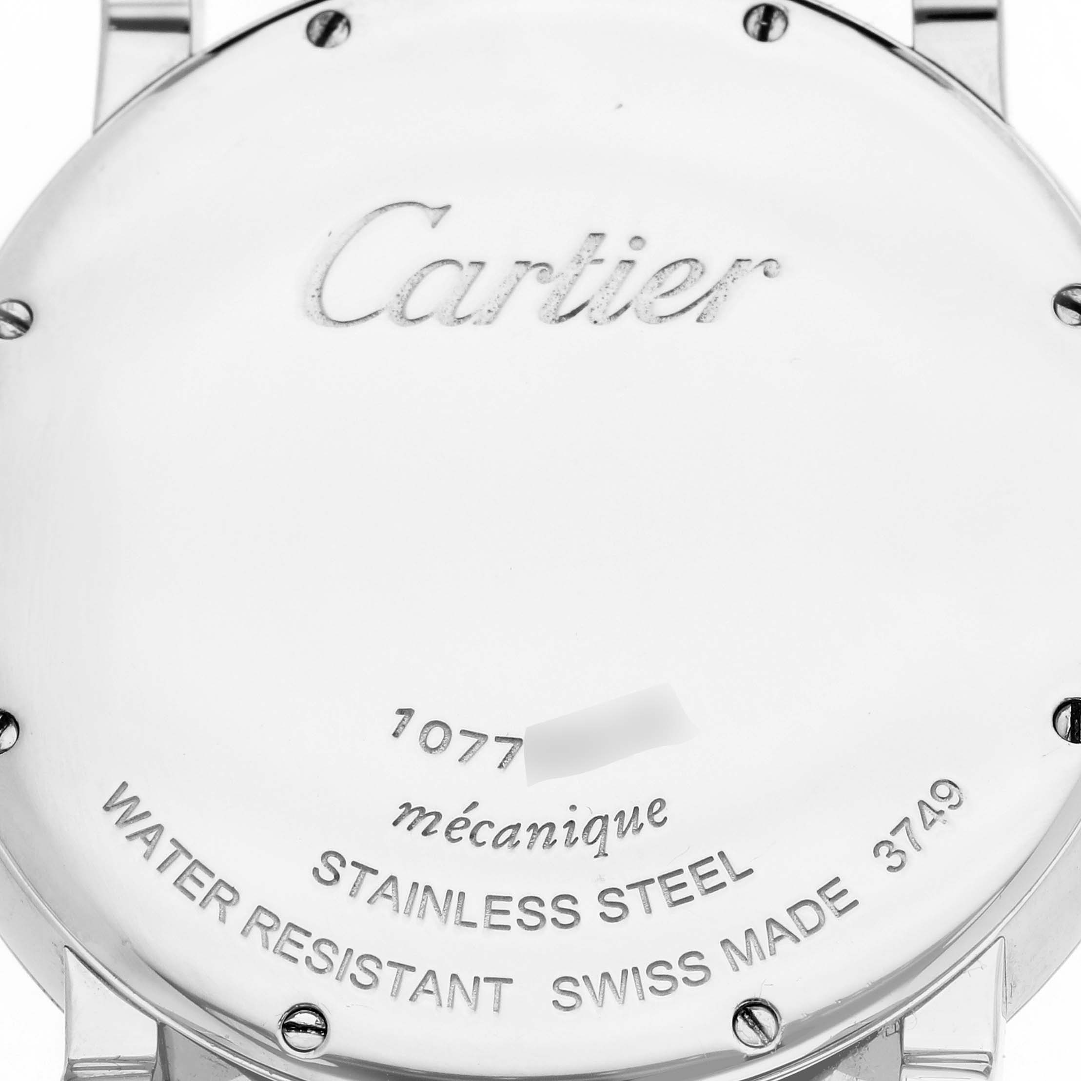 The image shows the back case of a Cartier Ronde W1556369 Men's Stainless Steel Silver Dial W1556369 Men's Stainless Steel Silver Dial watch, displaying branding and specifications.