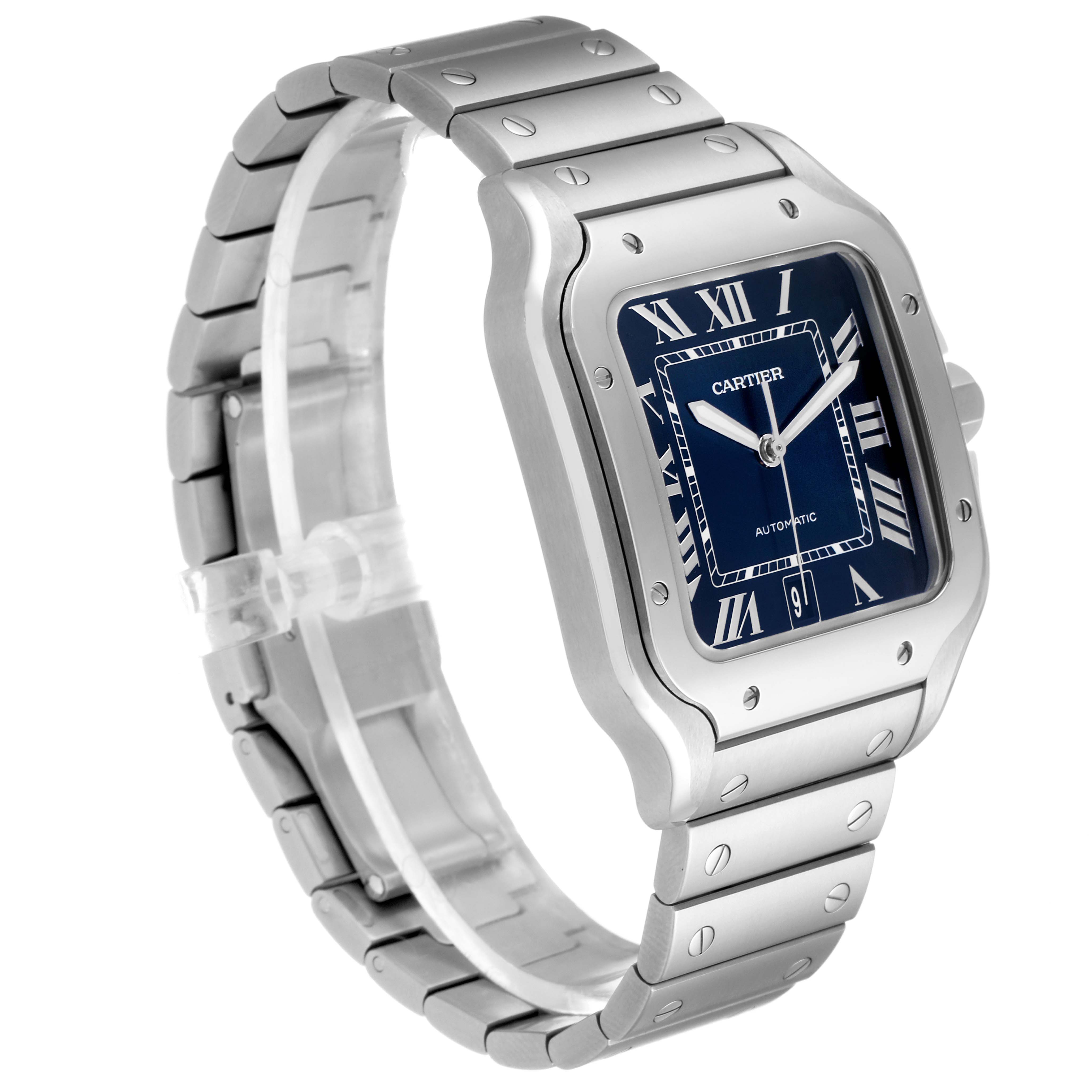 The Santos model by Cartier is shown at an angle displaying the watch face and metal bracelet.