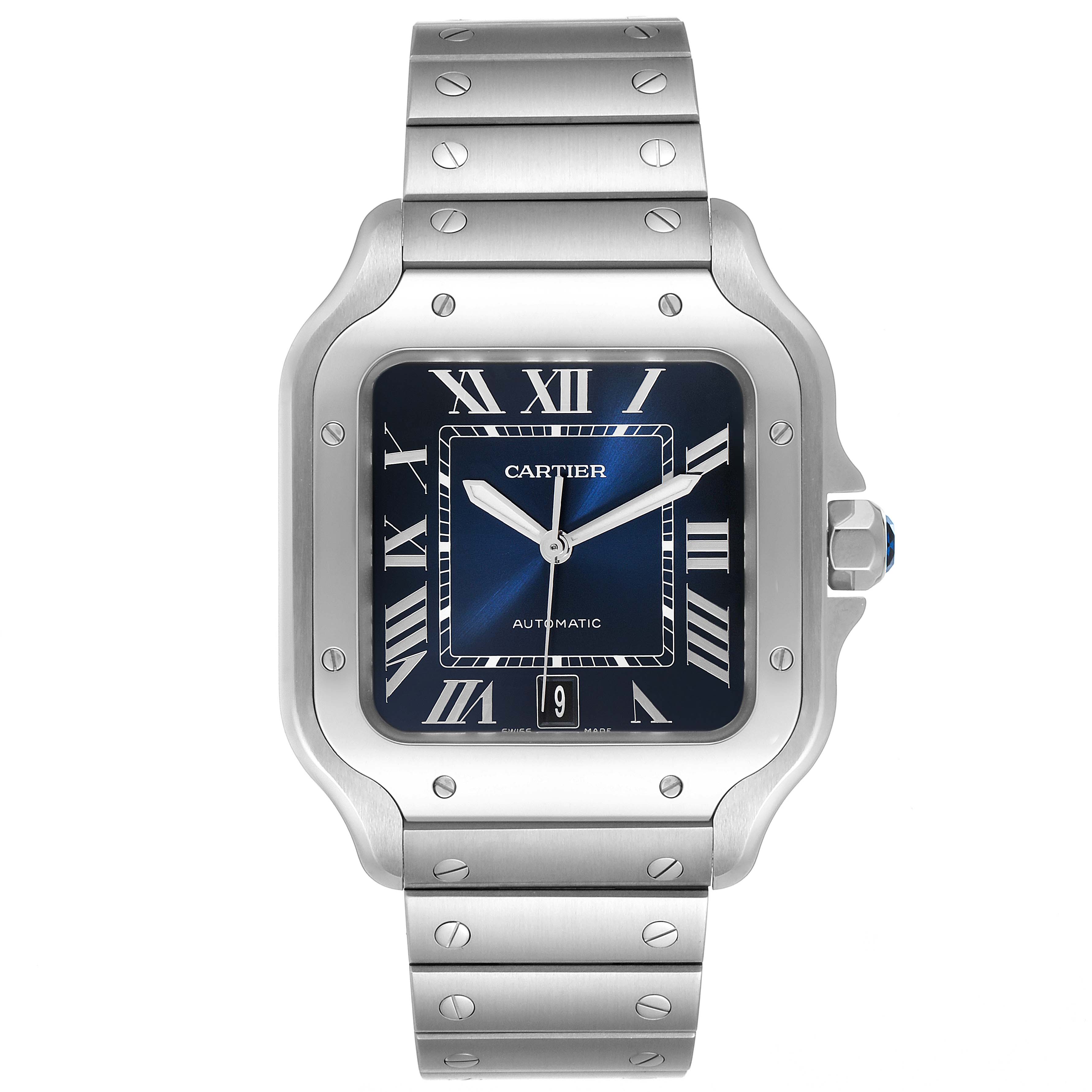This image shows a frontal view of a Cartier Santos WSSA0013 Men's Stainless Steel Blue Dial WSSA0013 Men's Stainless Steel Blue Dial watch, including the dial, bracelet, case, and crown.