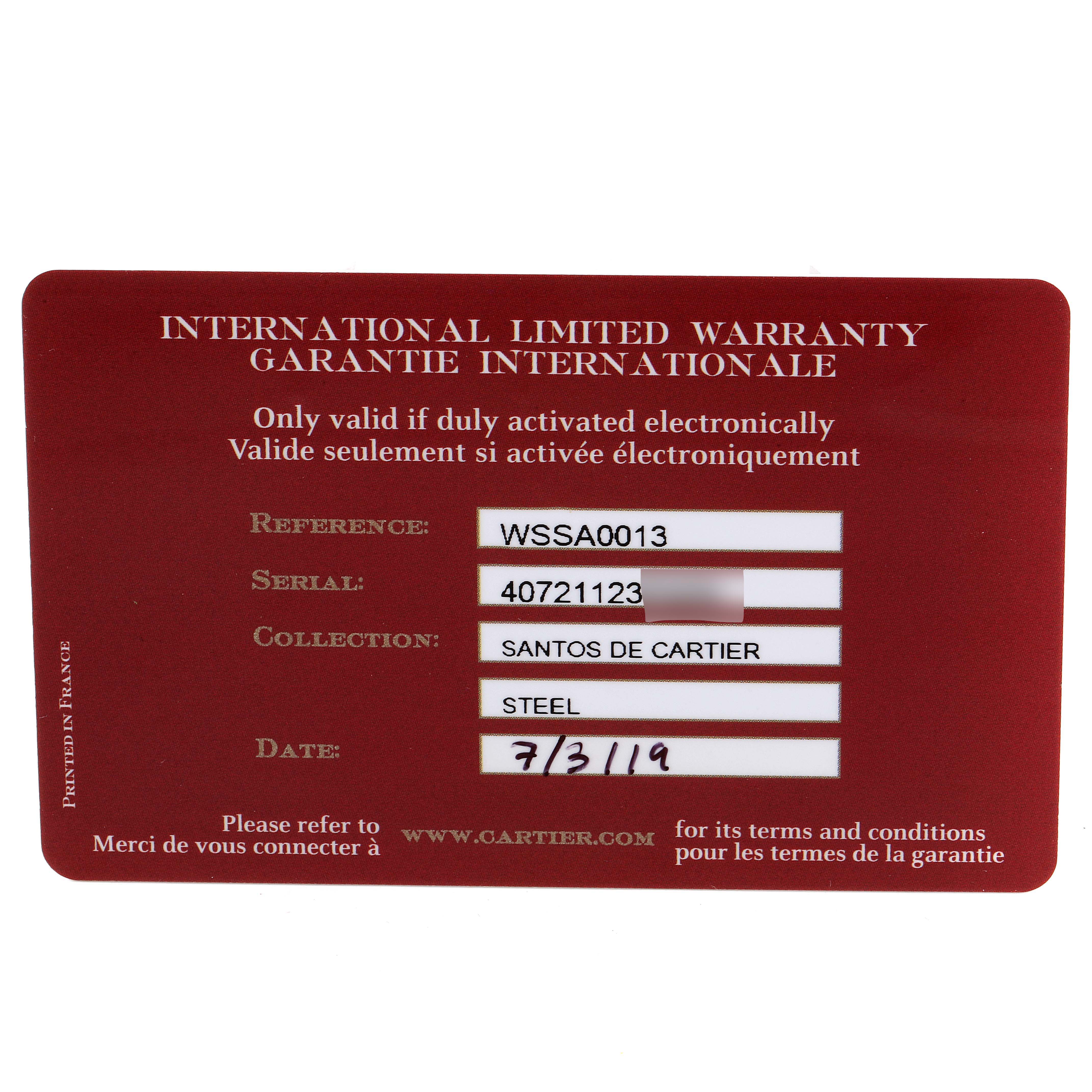 This image shows the International Limited Warranty card for the Santos de Cartier watch.