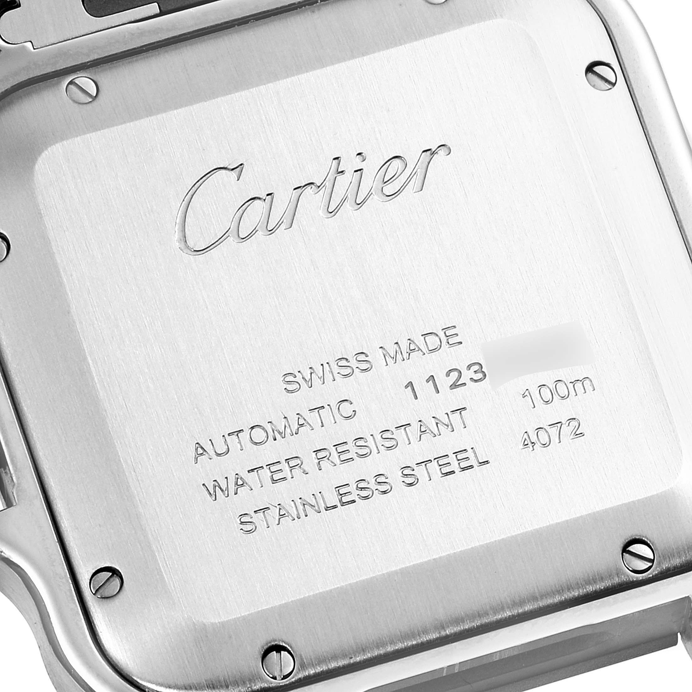 The image shows the back case of a Cartier Santos WSSA0013 Men's Stainless Steel Blue Dial WSSA0013 Men's Stainless Steel Blue Dial watch, displaying its engravings and specifications.